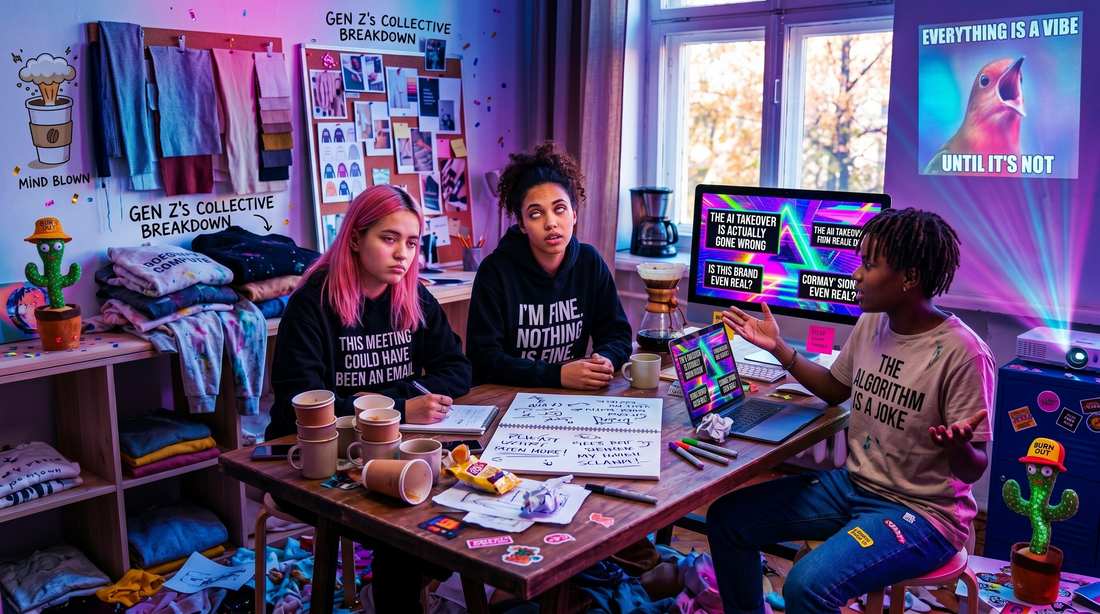 Three annoyed Gen X writers at a table covered in hidden messages