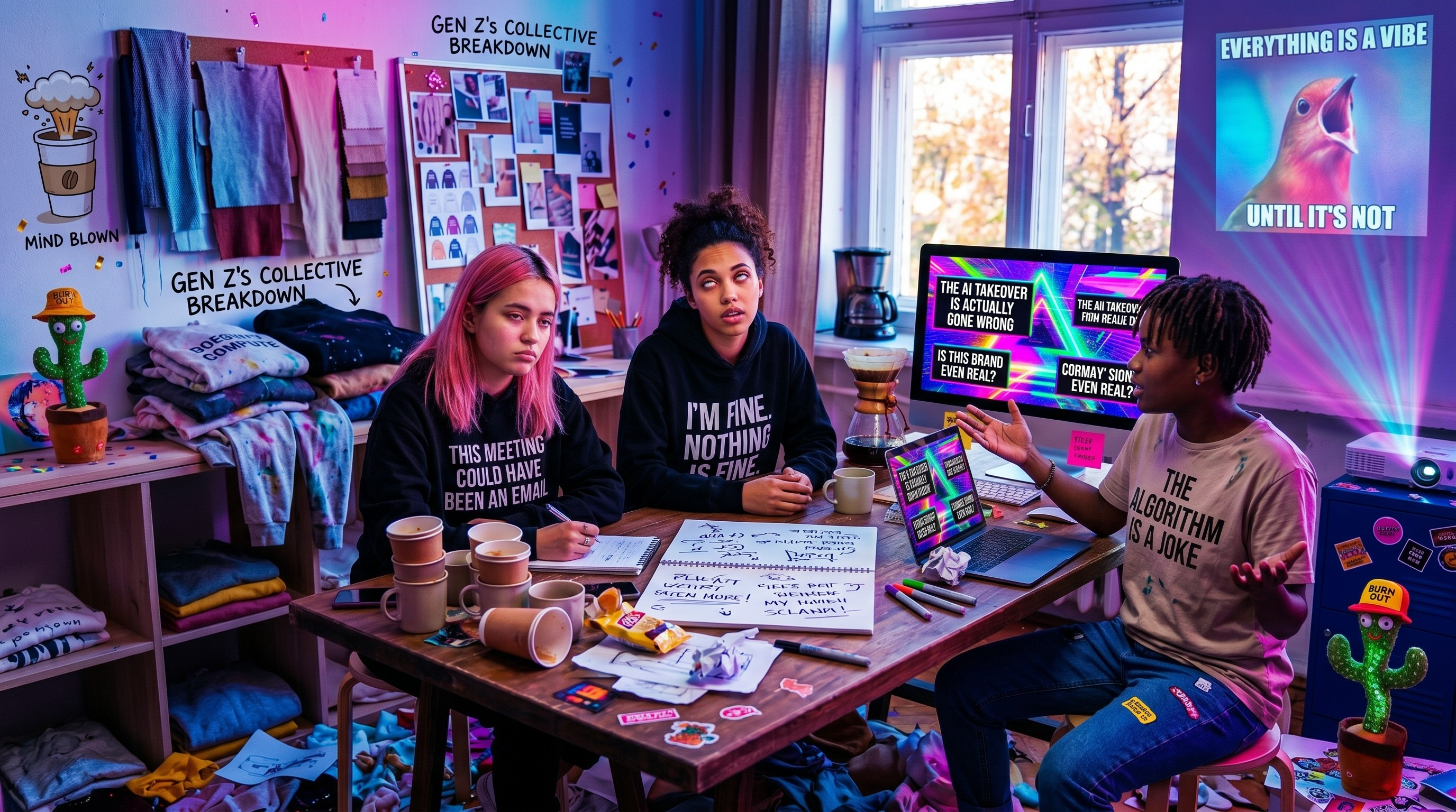 Three annoyed Gen X writers at a table covered in hidden messages