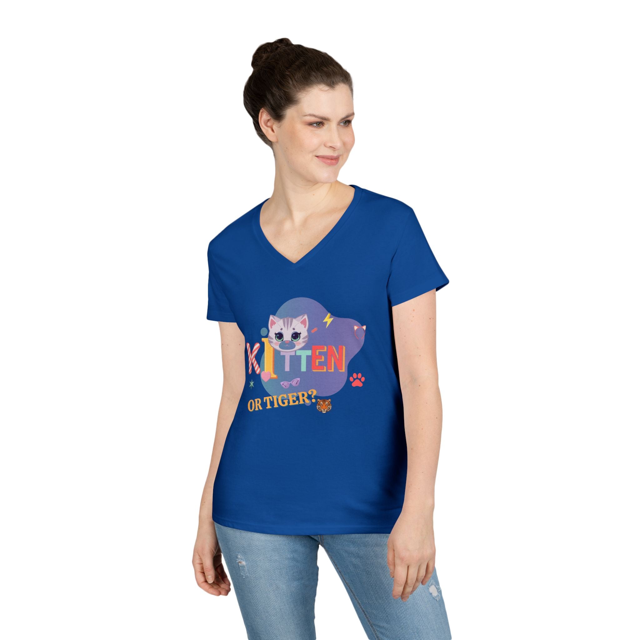 Kitten or Tiger? V-Neck T-Shirt | Cute Cat Illustration Pastel Graphic Tee