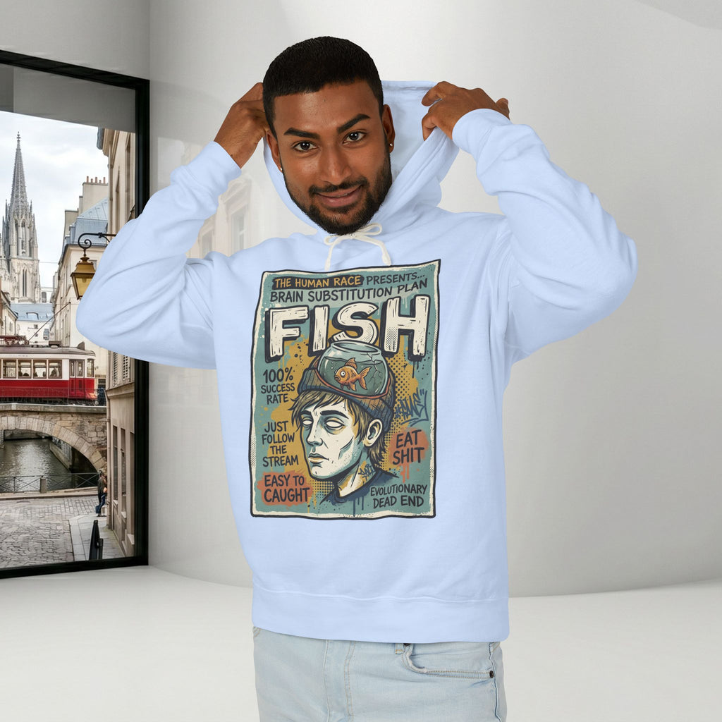 Fish Brain Substitution Plan Hoodie — Vintage Unisex Surreal Graphic Pullover
