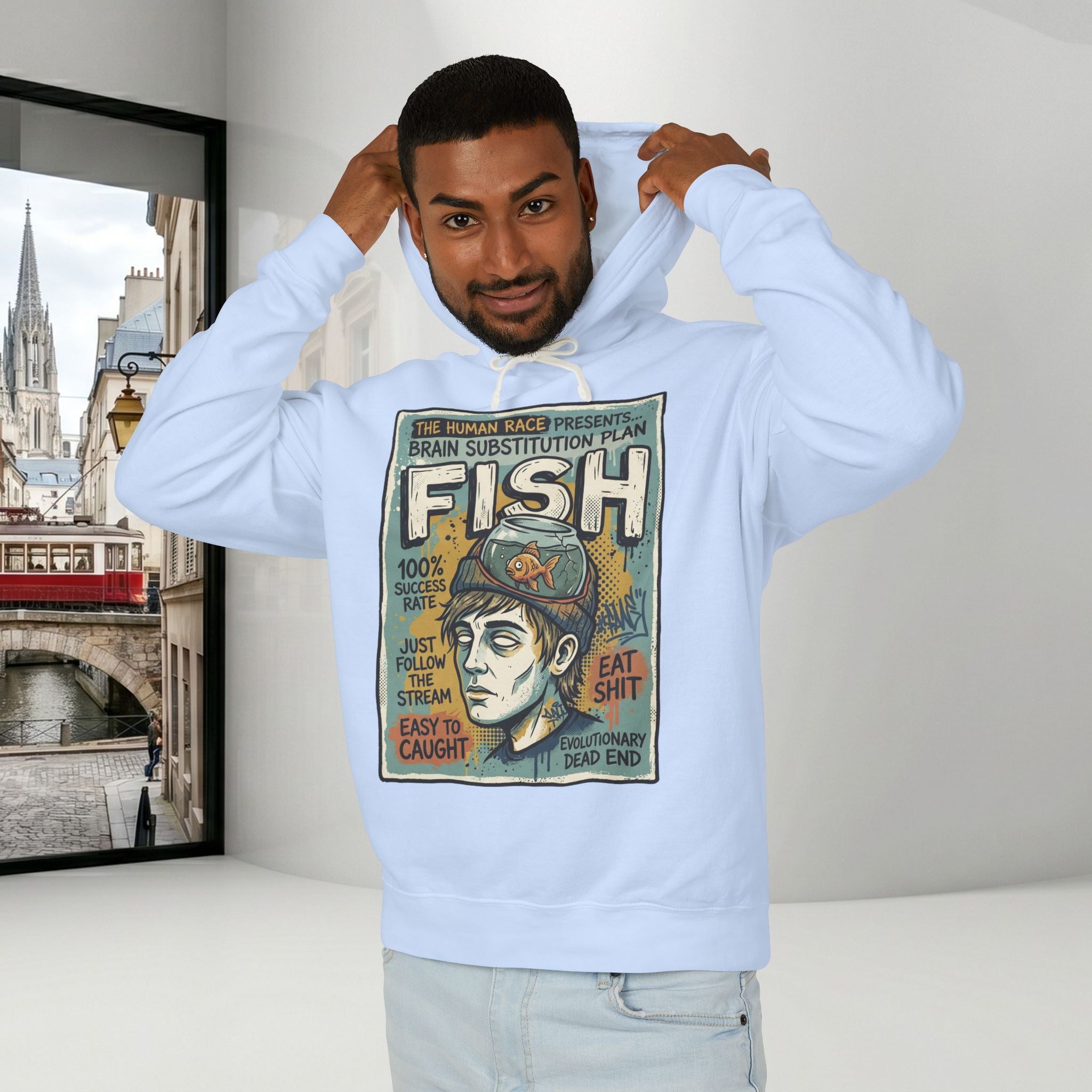 Fish Brain Substitution Plan Hoodie — Vintage Unisex Surreal Graphic Pullover