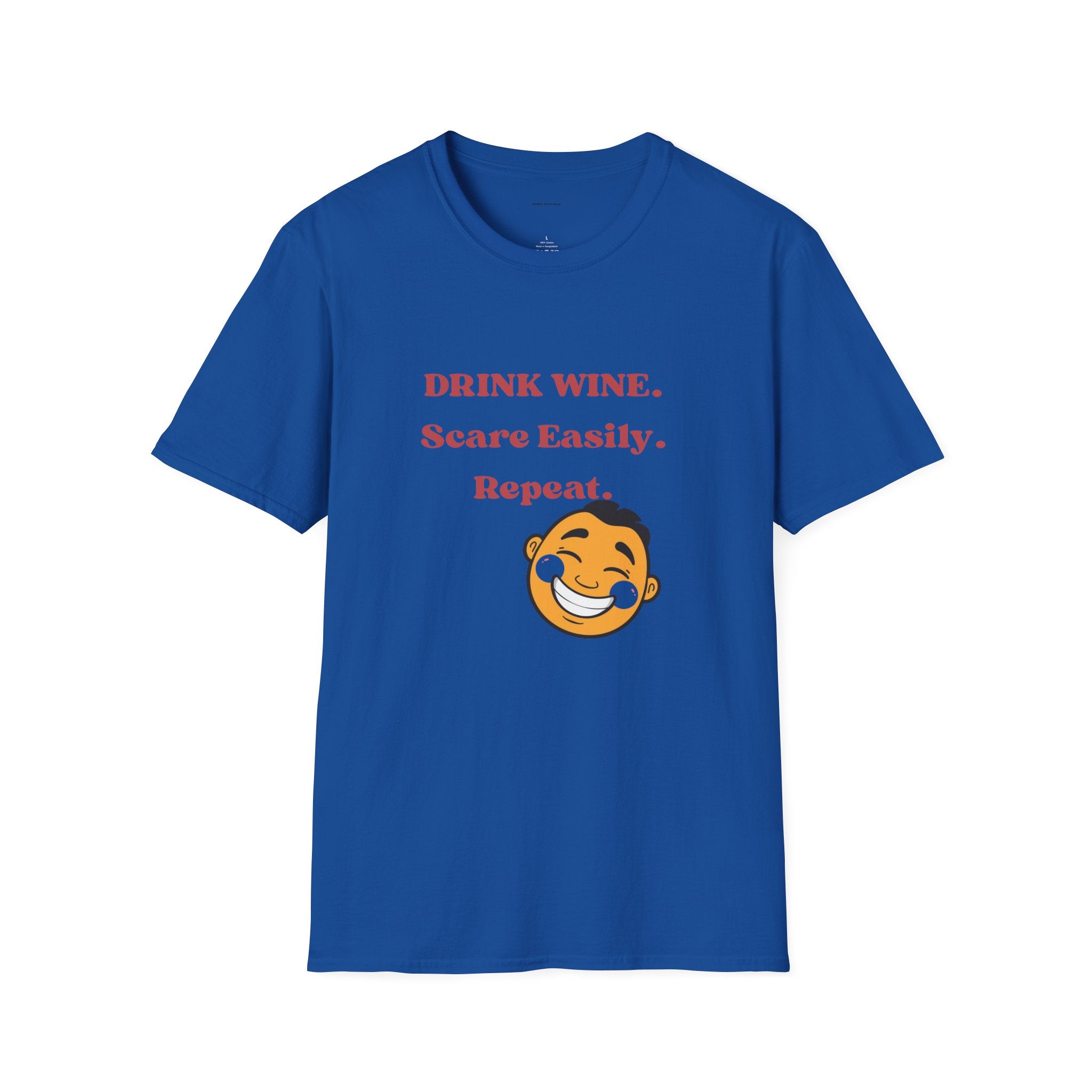 Drink Wine, Scare Easily, Repeat T-Shirt | Funny Smiling Face Graphic Tee