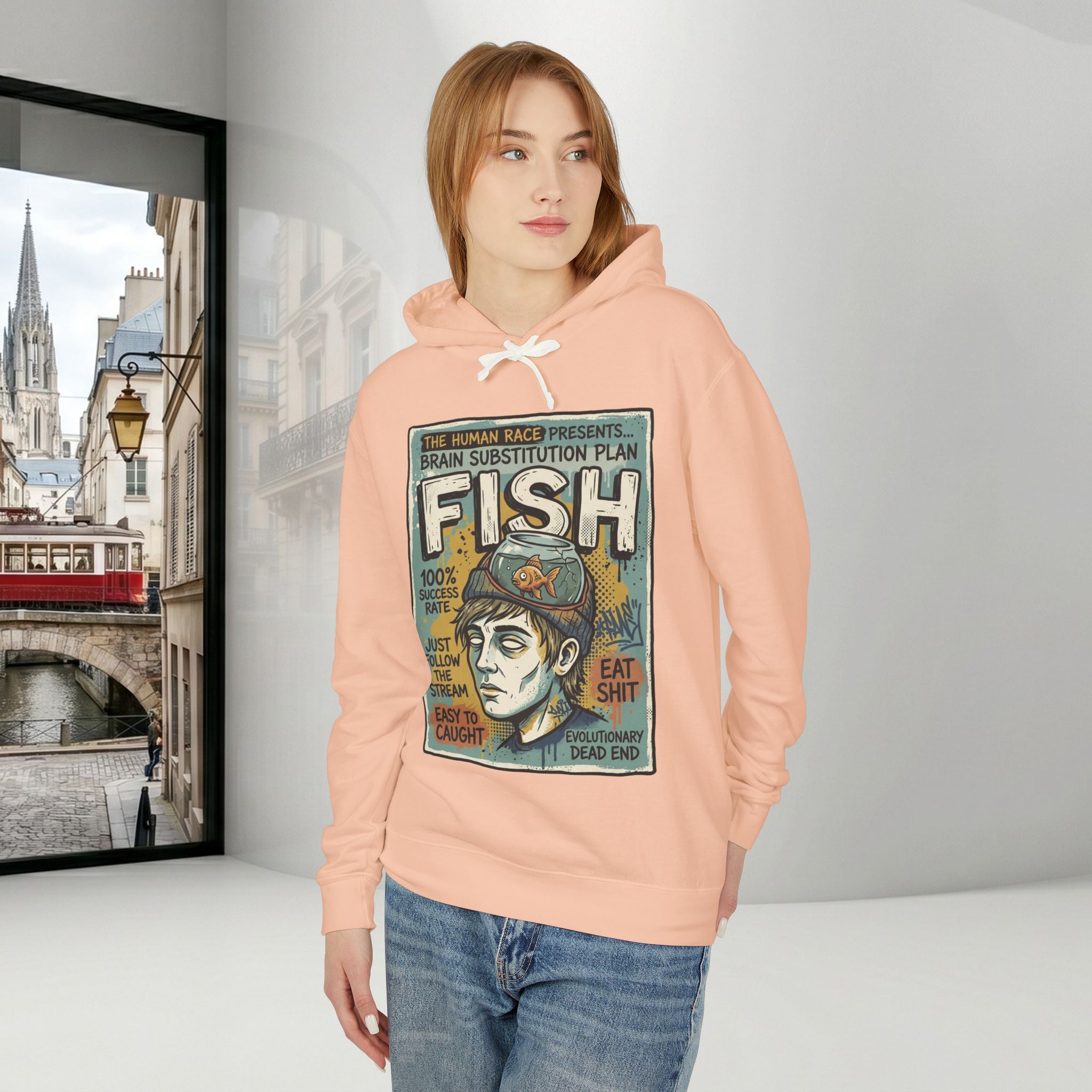 Fish Brain Substitution Plan Hoodie — Vintage Unisex Surreal Graphic Pullover