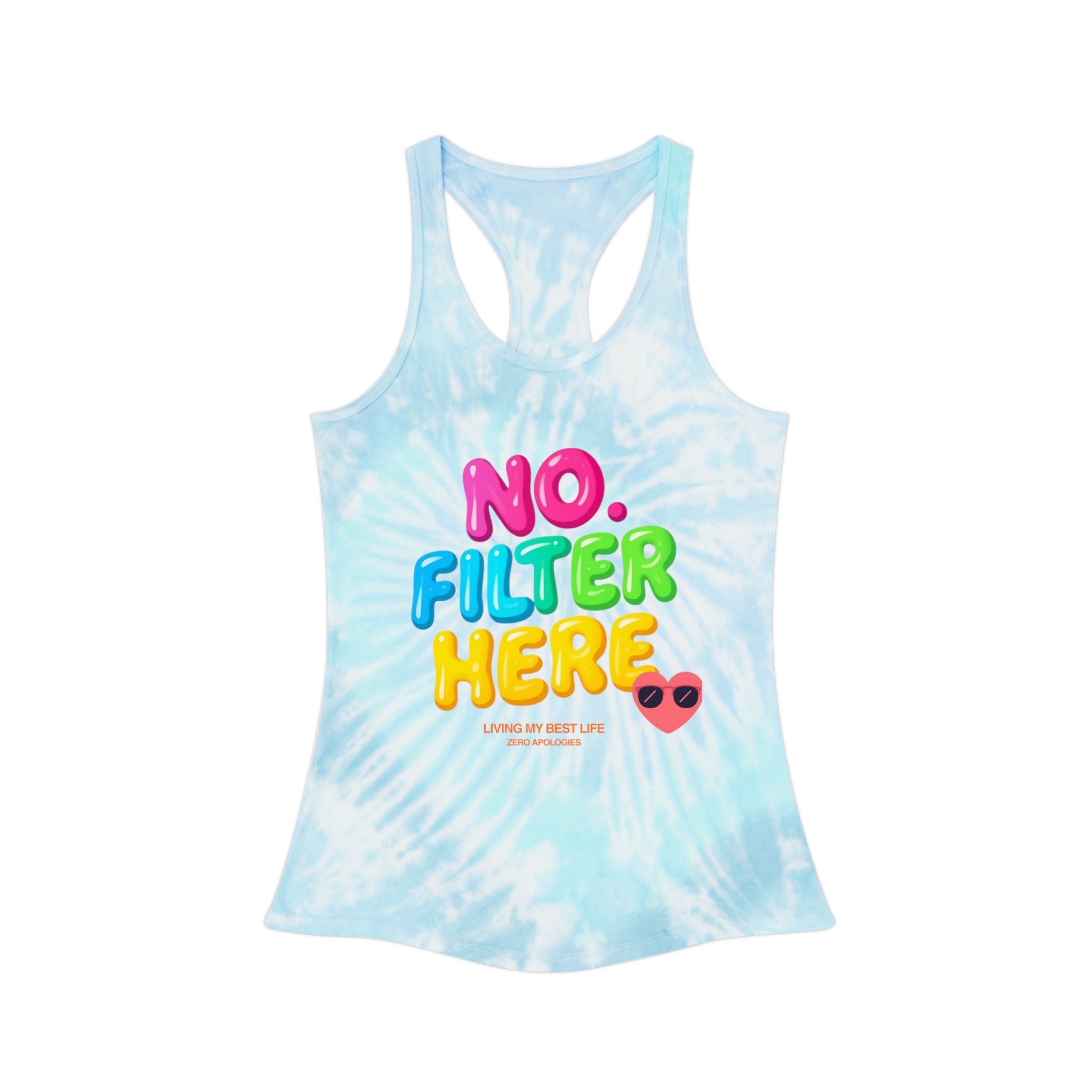 No Filter Here Tie-Dye Racerback Tank Top | Blue Spiral Playful Slogan