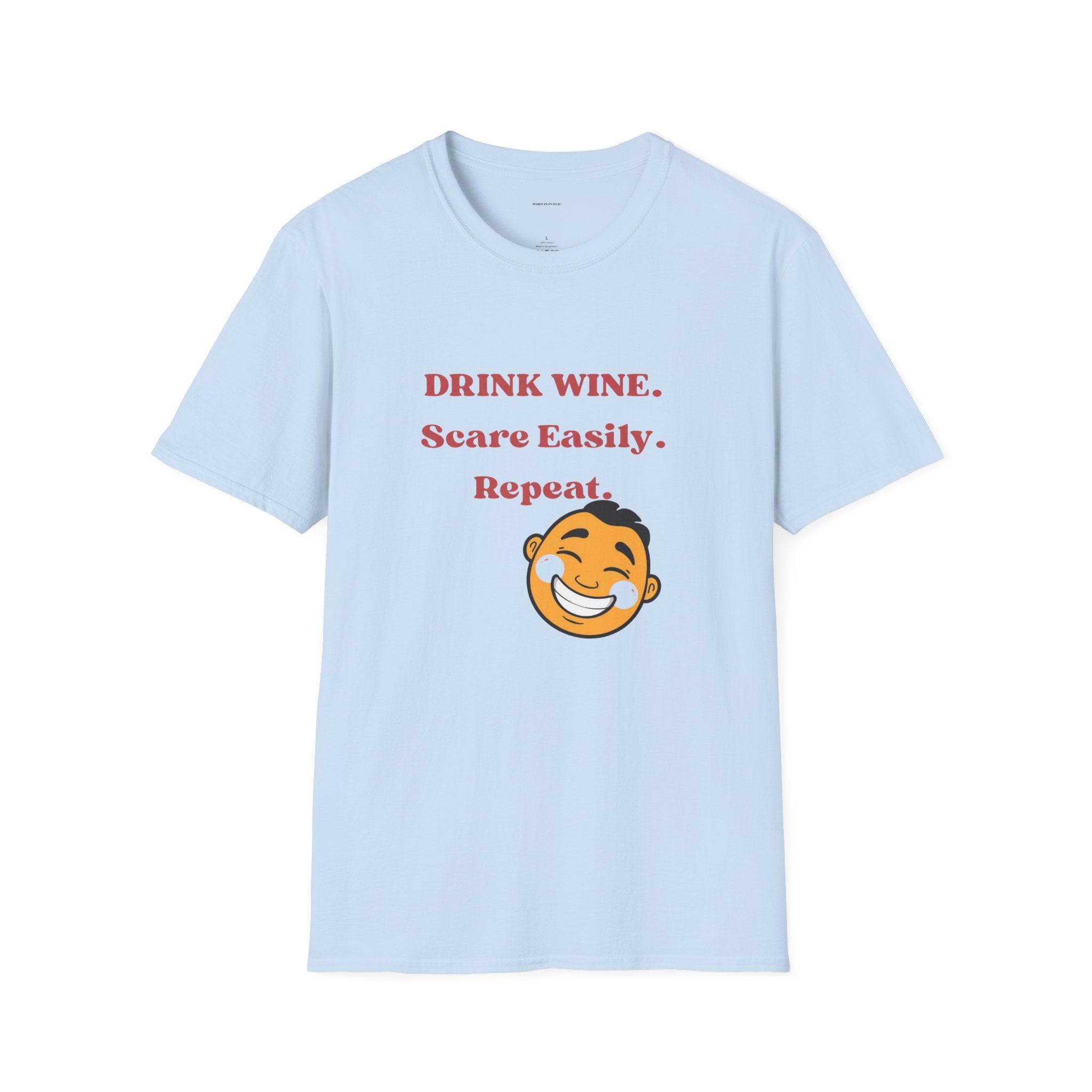 Drink Wine, Scare Easily, Repeat T-Shirt | Funny Smiling Face Graphic Tee