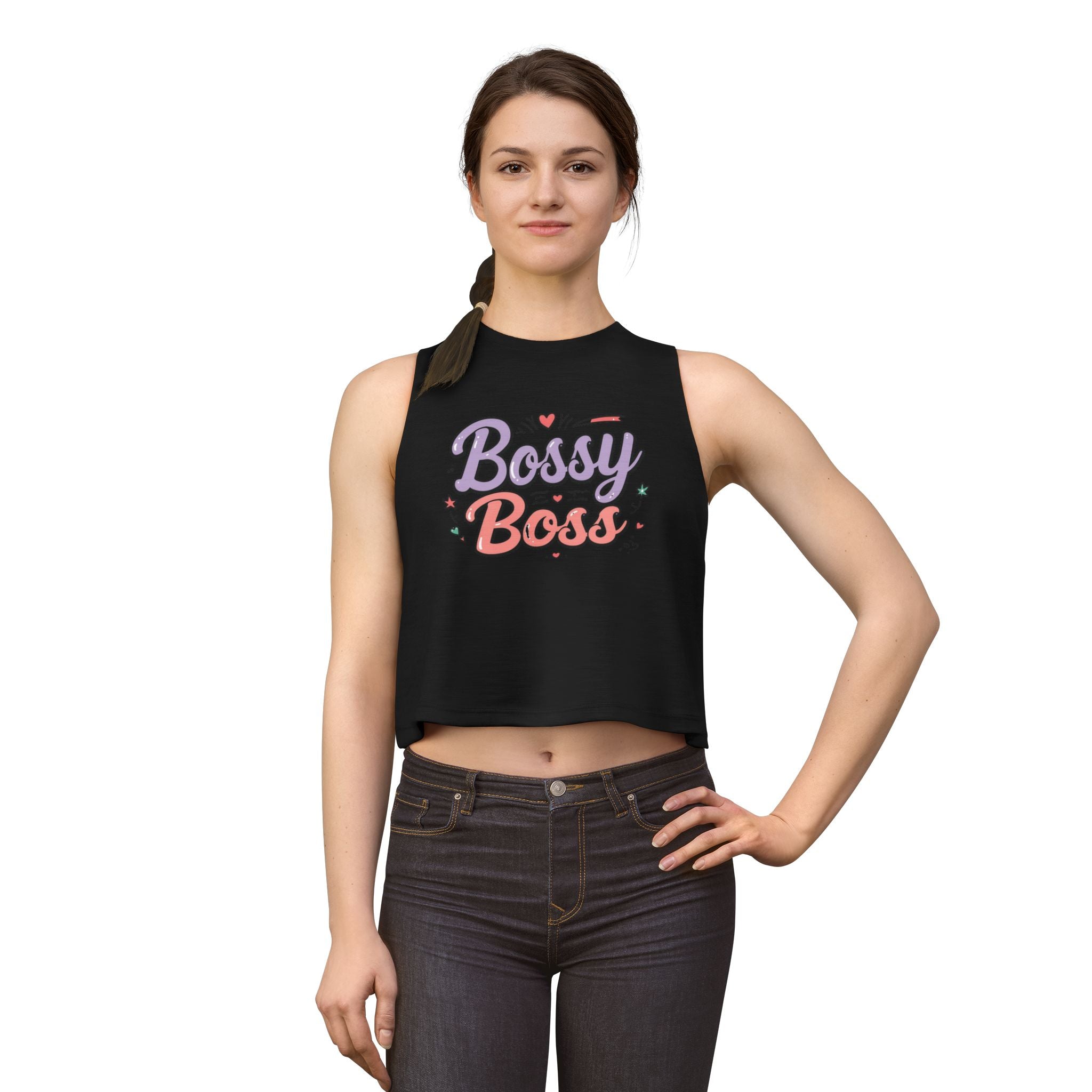 Bossy Boss Crop Top | Retro Script Graphic Top with Pastel Hearts & Stars
