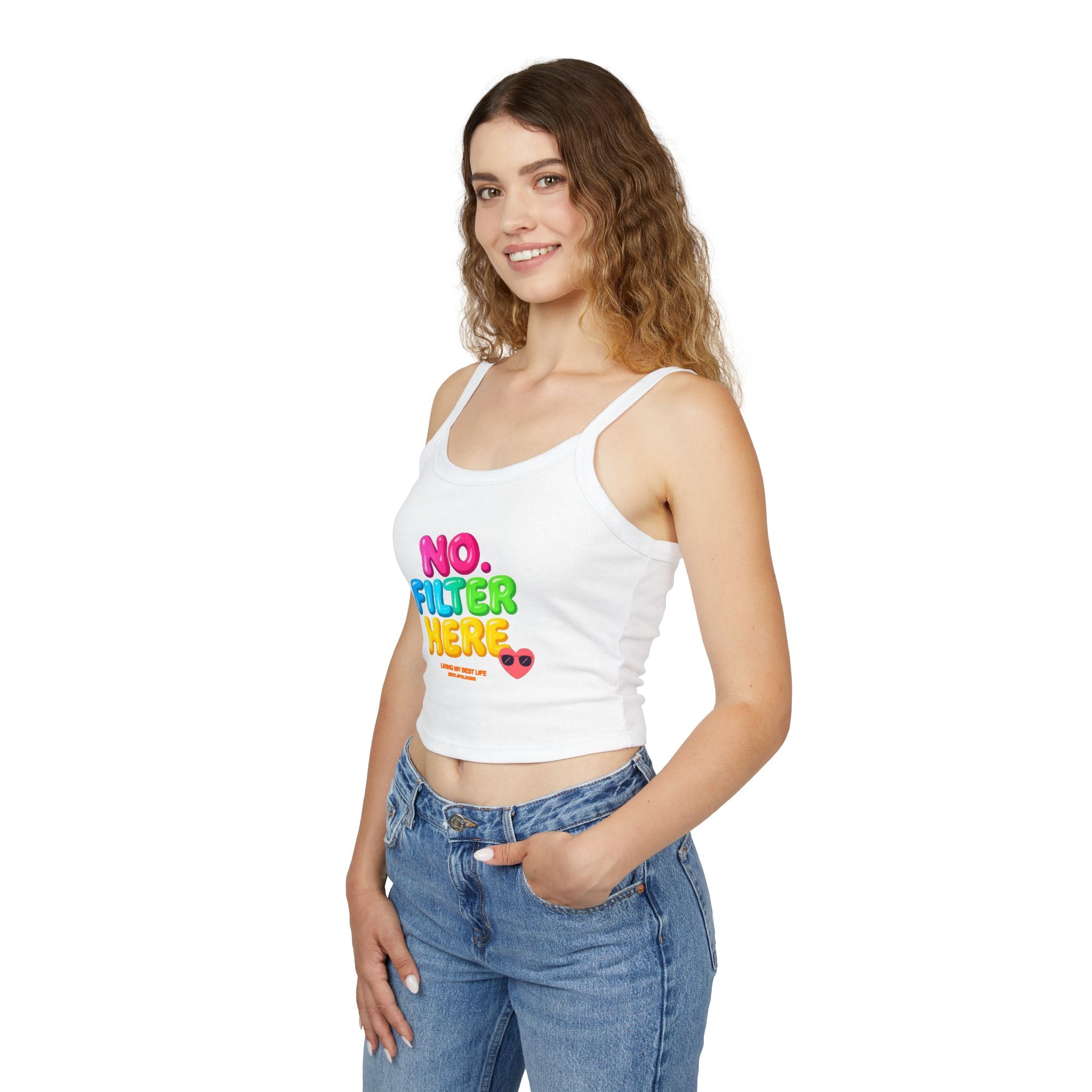 No Filter Here Spaghetti Strap Tank Top | Colorful Bubble Letter Slogan