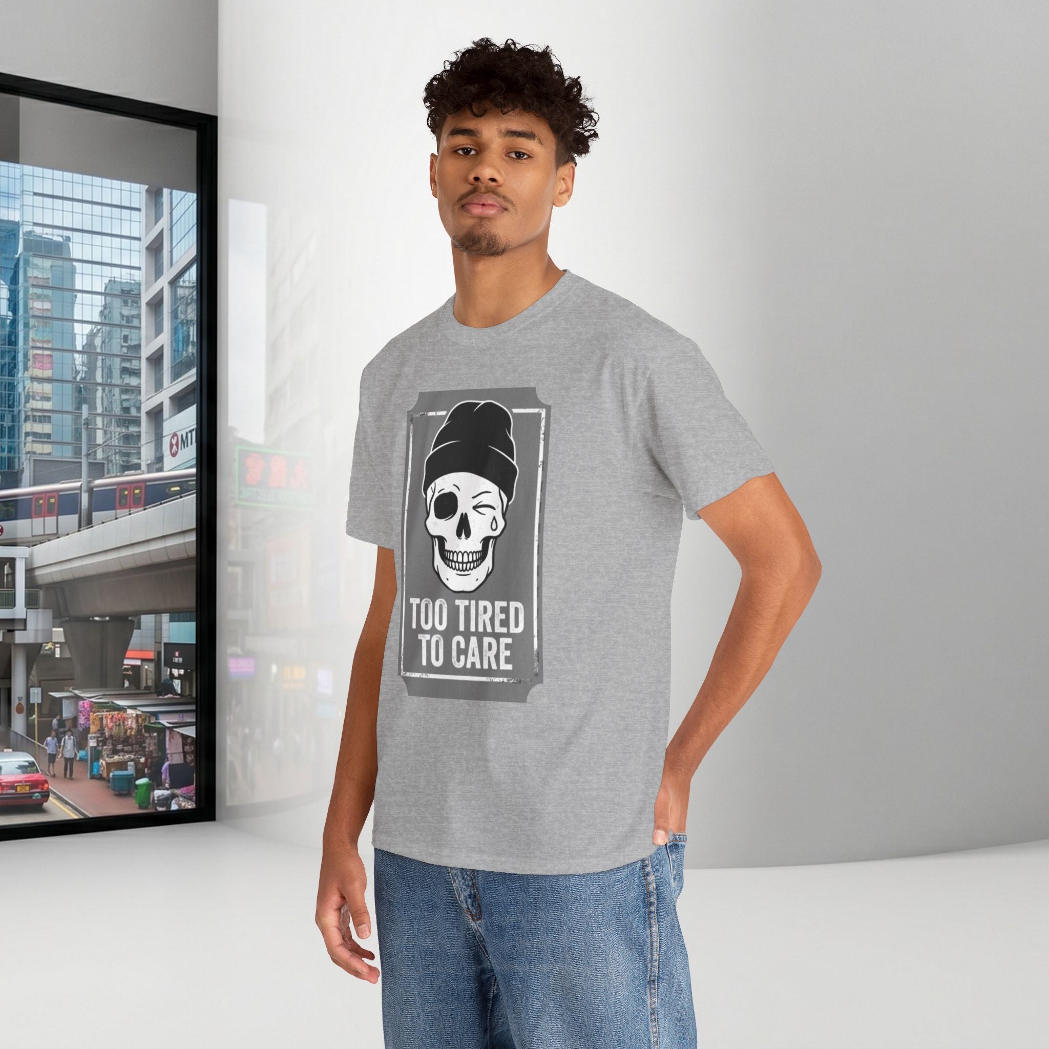 Too Tired To Care Skull T-Shirt | Funny Sarcastic Graphic Tee for the Exhausted