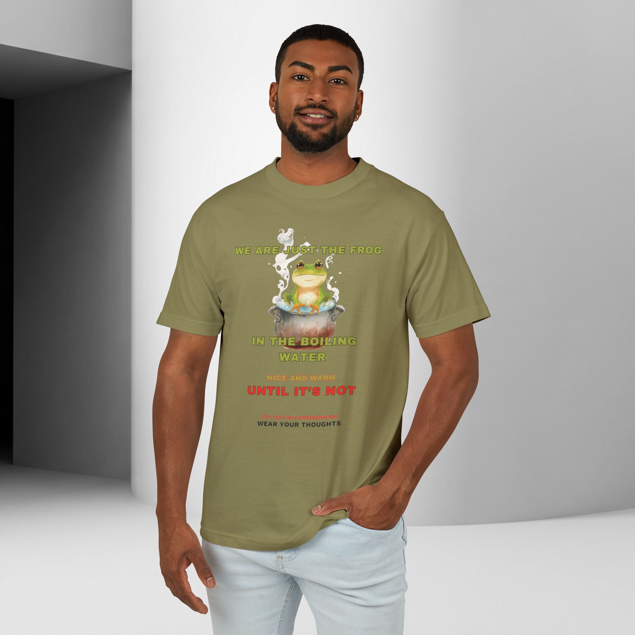 Graphic Unisex Tee — 'We Are Just The Frog in the Boiling Water' Funny Frog Shirt