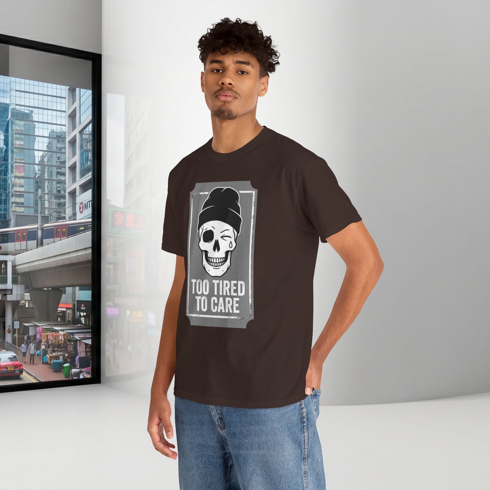 Too Tired To Care Skull T-Shirt | Funny Sarcastic Graphic Tee for the Exhausted