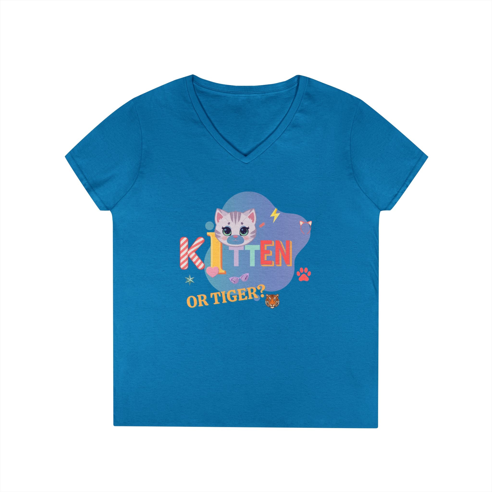 Kitten or Tiger? V-Neck T-Shirt | Cute Cat Illustration Pastel Graphic Tee