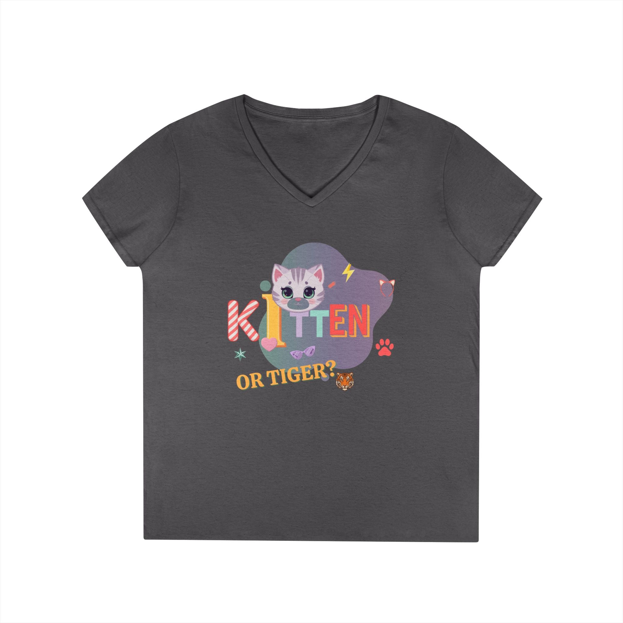 Kitten or Tiger? V-Neck T-Shirt | Cute Cat Illustration Pastel Graphic Tee
