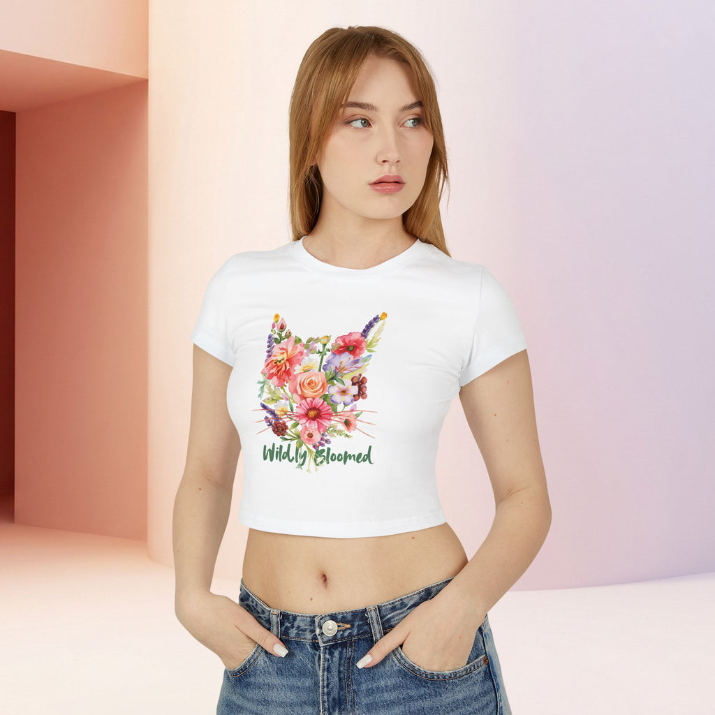 Wildly Bloomed Floral Cat Women's Baby Tee | Cute Botanical Graphic Top