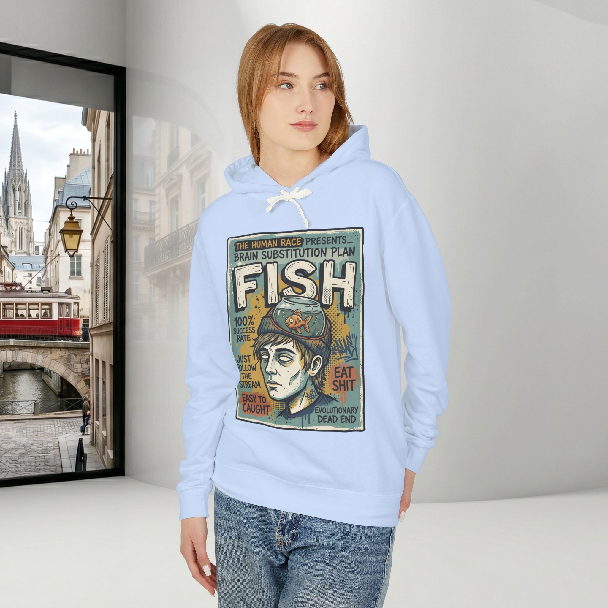 Fish Brain Substitution Plan Hoodie — Vintage Unisex Surreal Graphic Pullover
