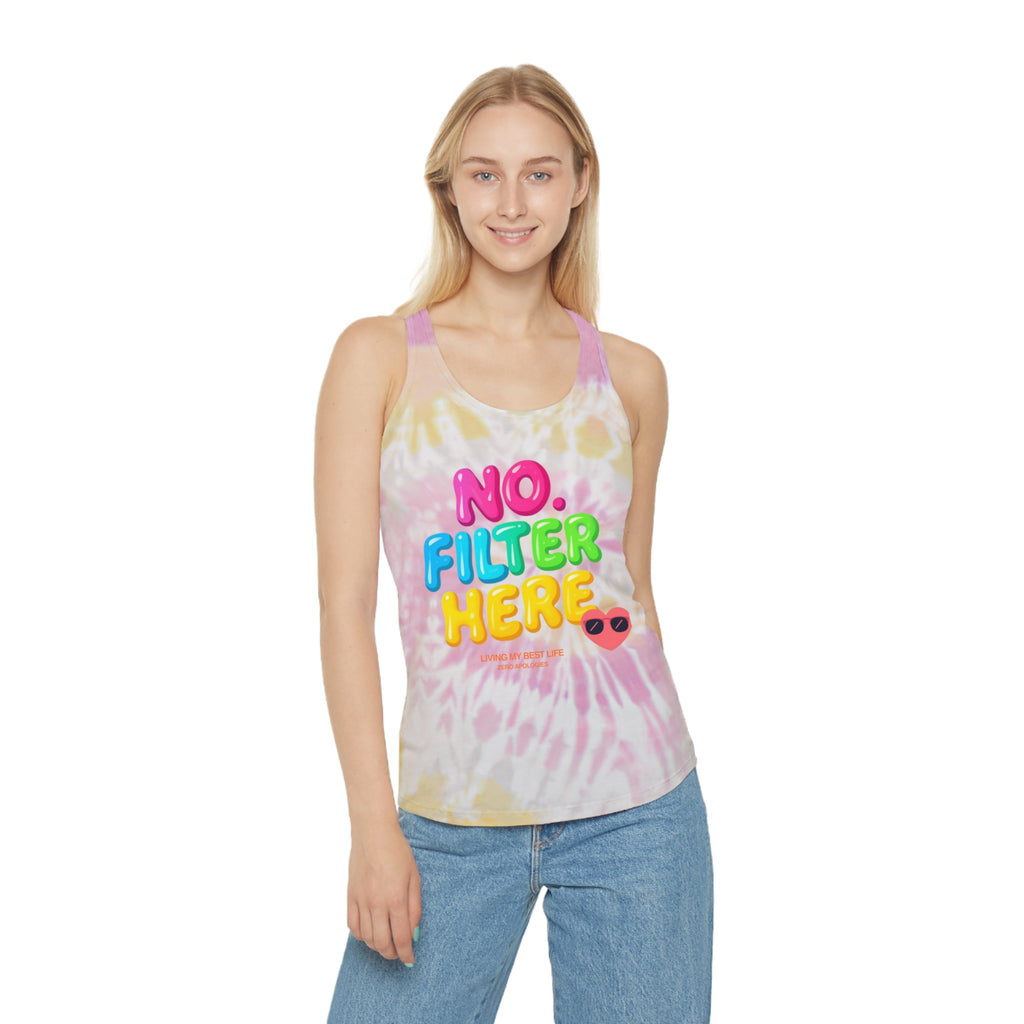 No Filter Here Tie-Dye Racerback Tank Top | Blue Spiral Playful Slogan