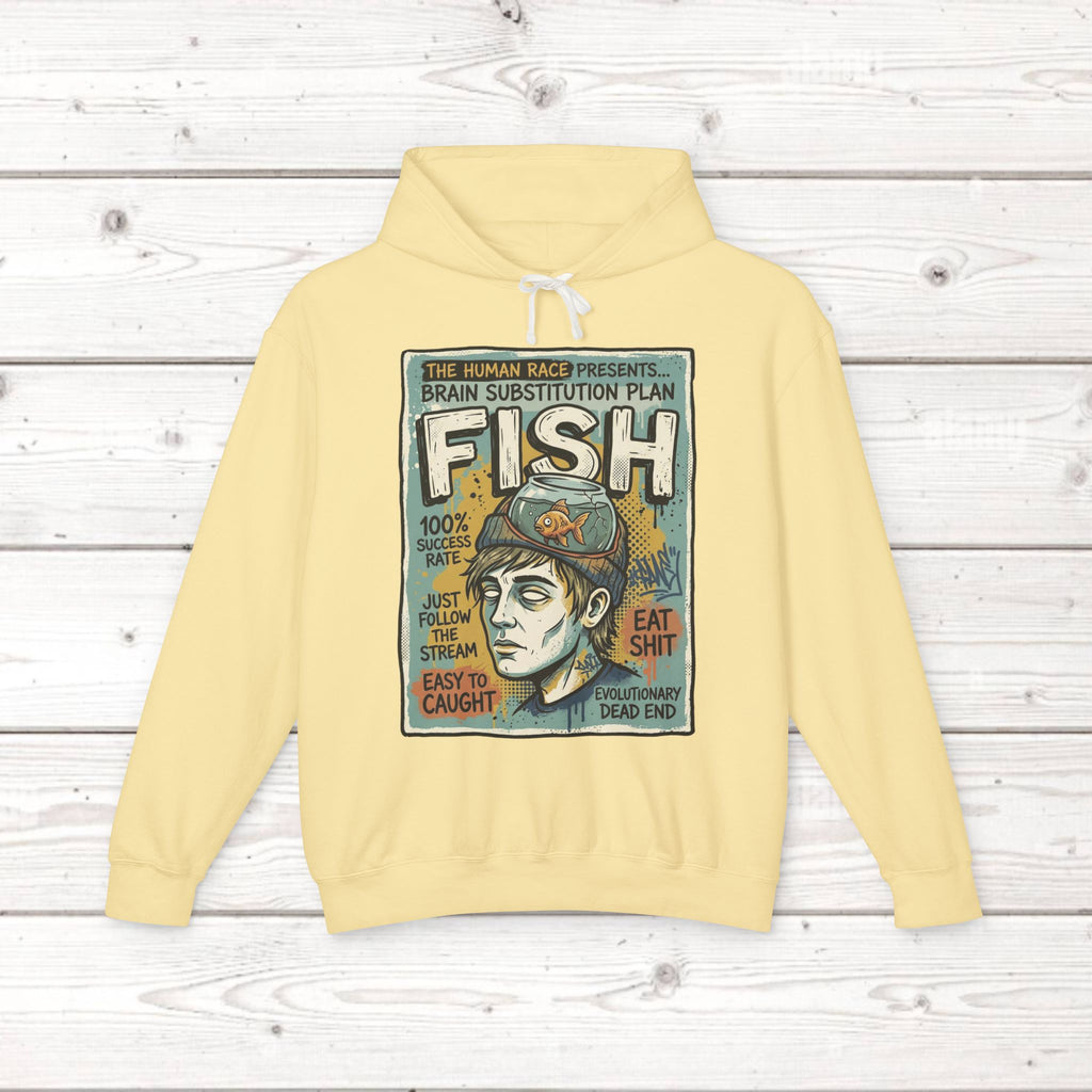 Fish Brain Substitution Plan Hoodie — Vintage Unisex Surreal Graphic Pullover