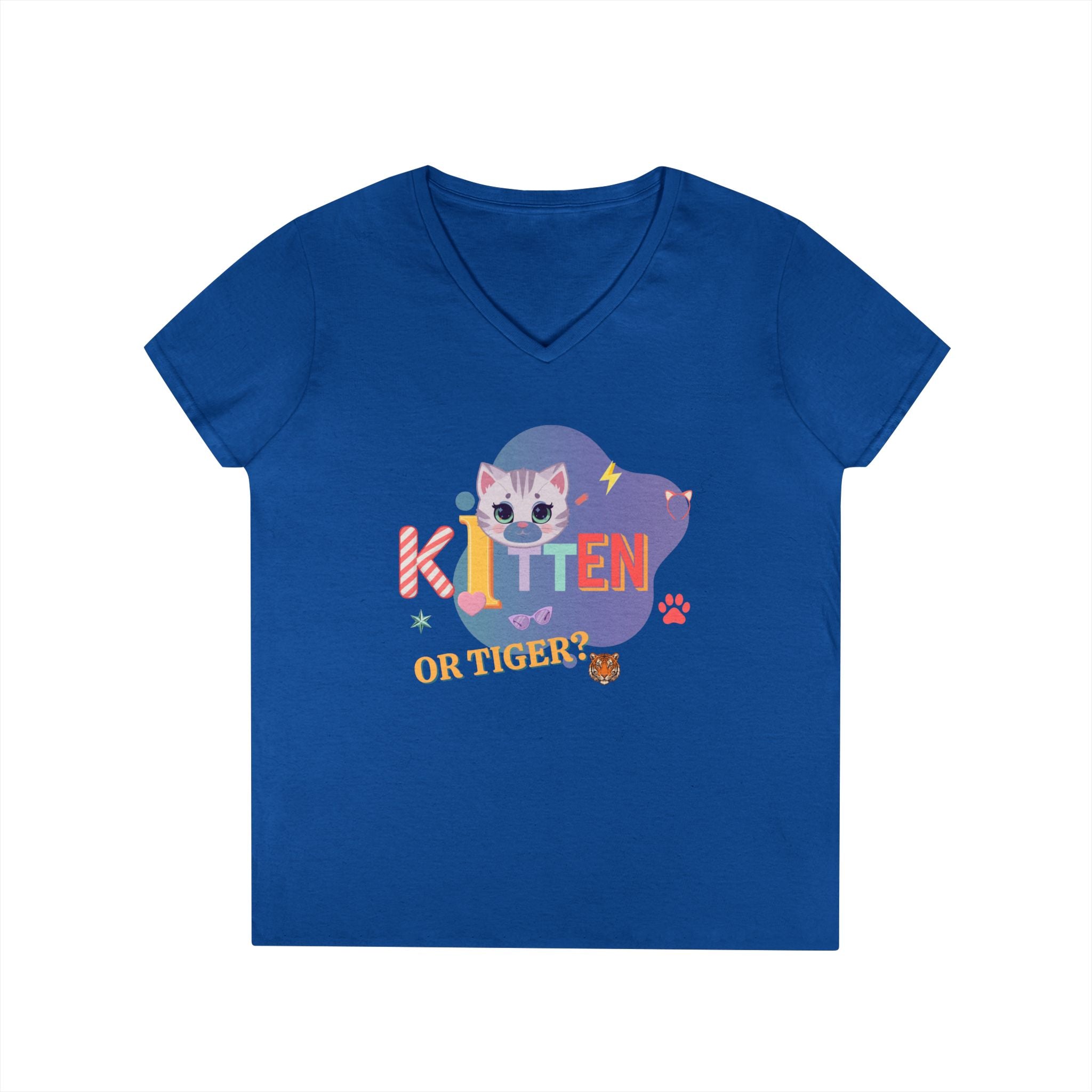 Kitten or Tiger? V-Neck T-Shirt | Cute Cat Illustration Pastel Graphic Tee