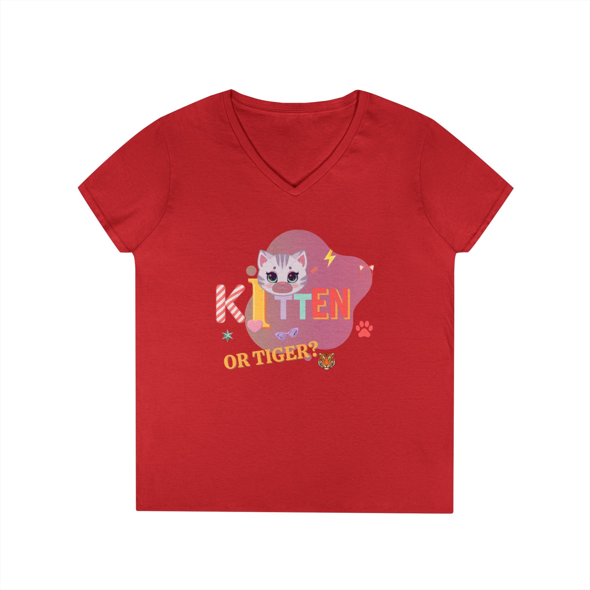 Kitten or Tiger? V-Neck T-Shirt | Cute Cat Illustration Pastel Graphic Tee
