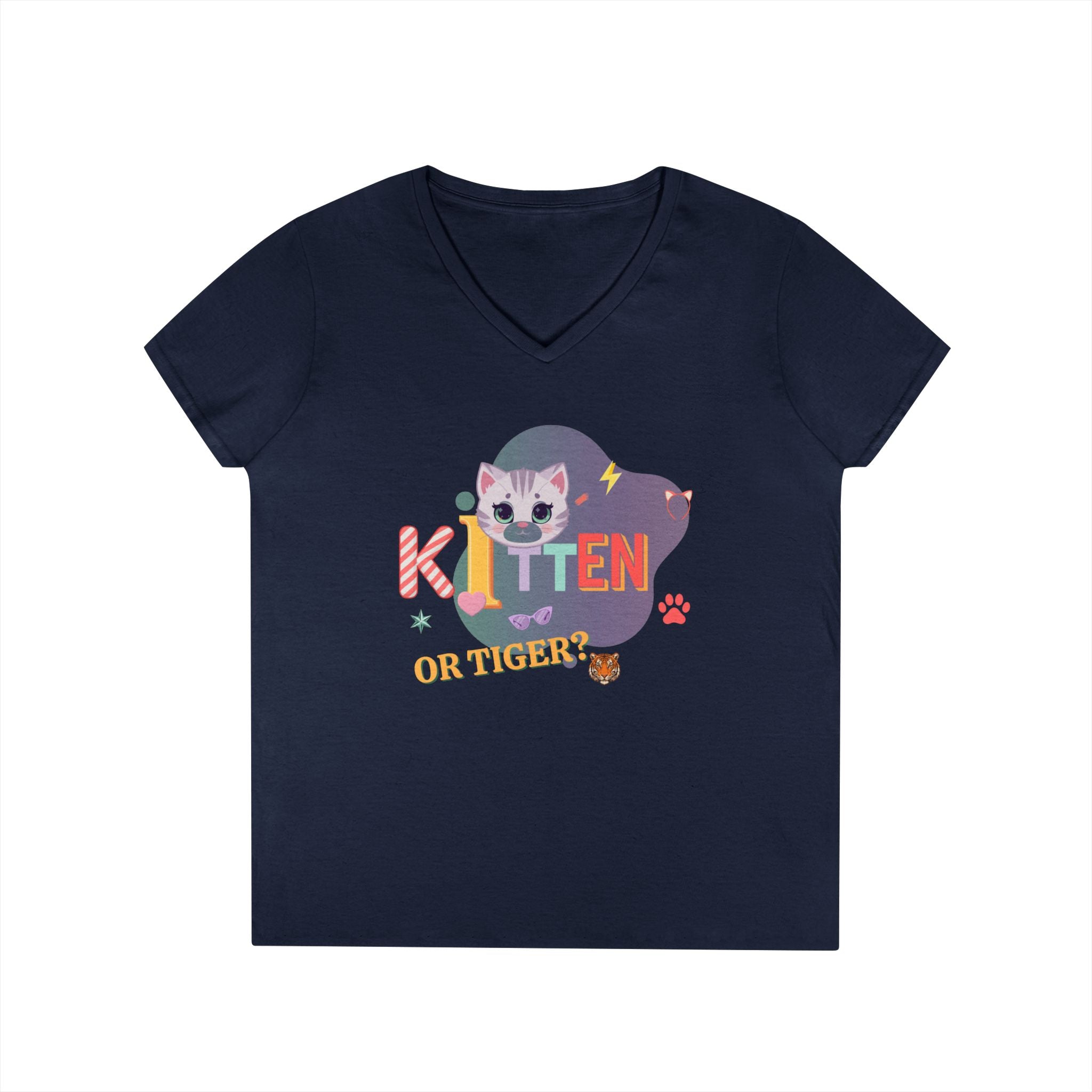 Kitten or Tiger? V-Neck T-Shirt | Cute Cat Illustration Pastel Graphic Tee