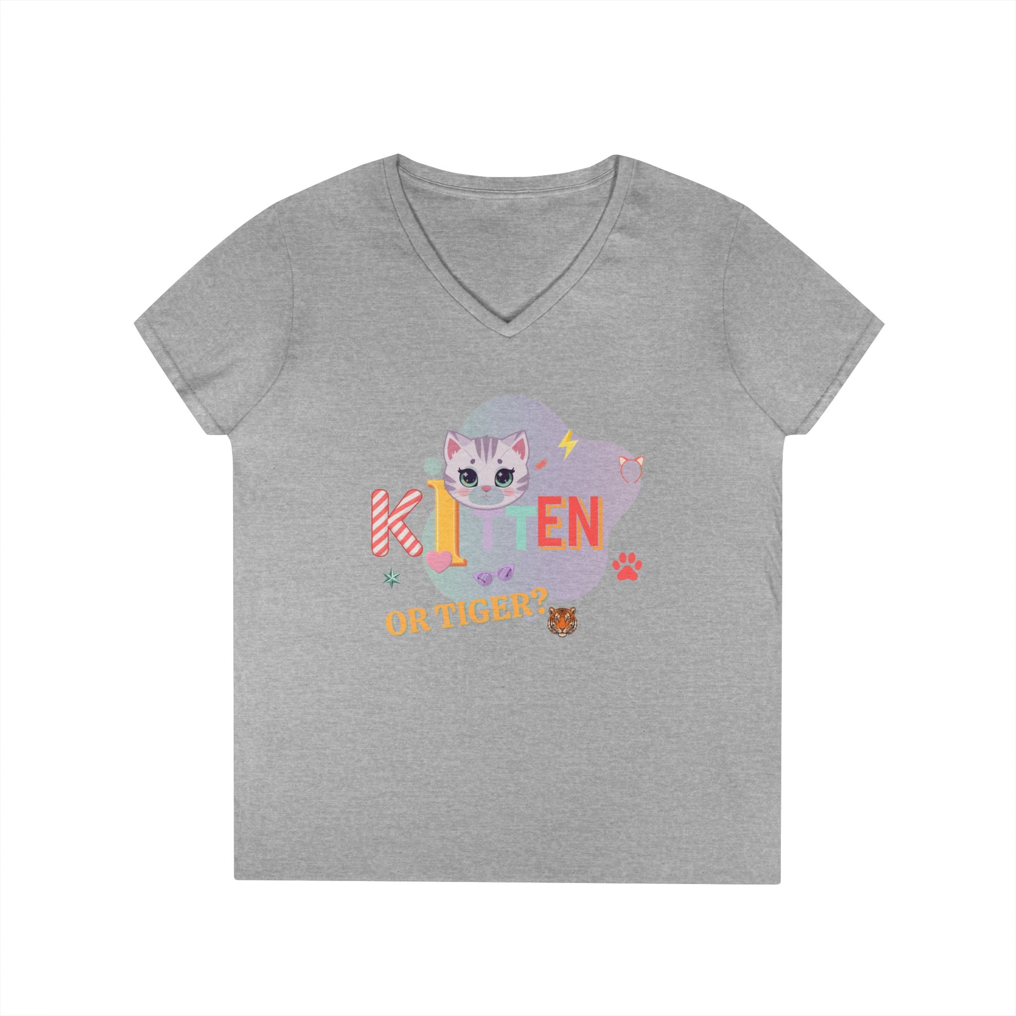 Kitten or Tiger? V-Neck T-Shirt | Cute Cat Illustration Pastel Graphic Tee