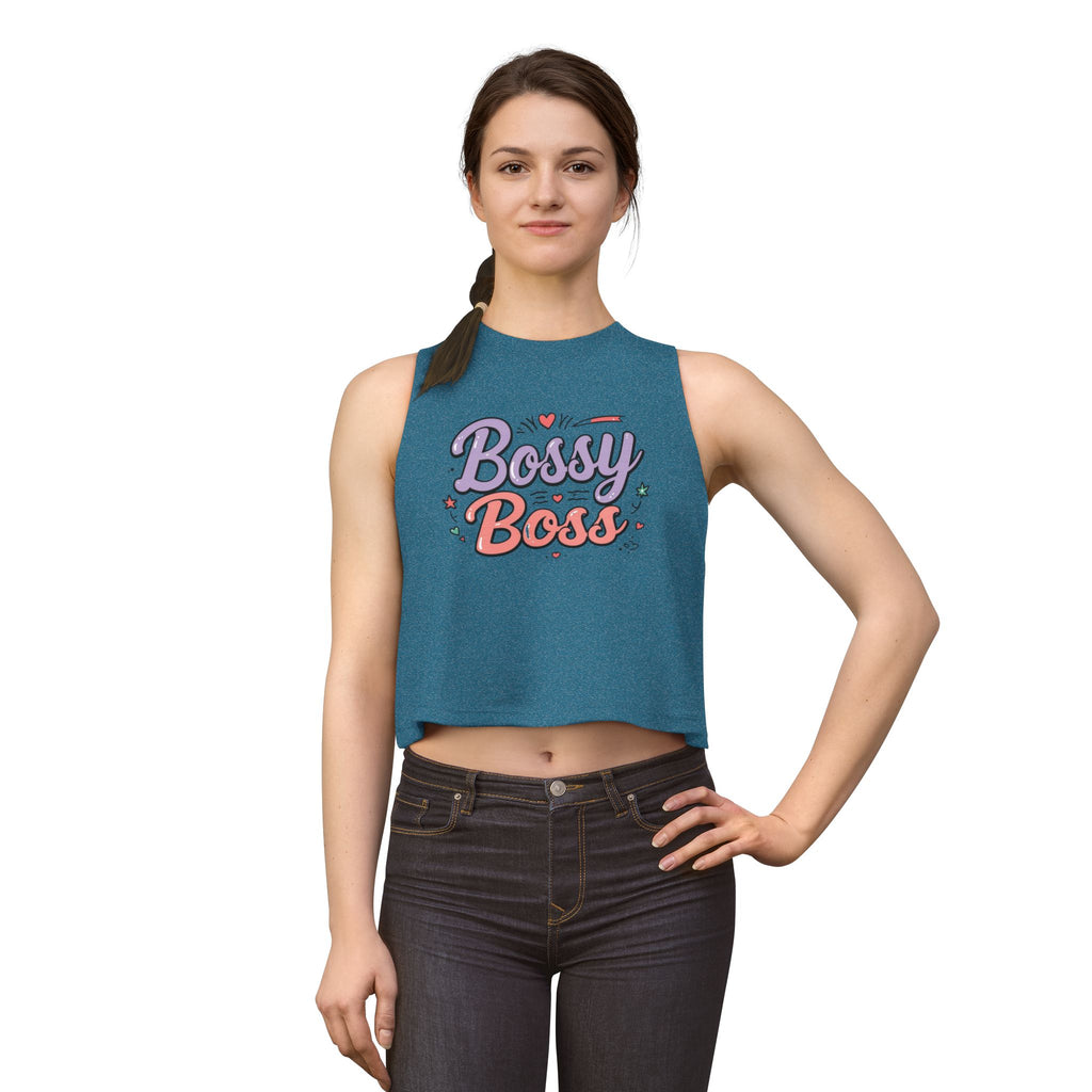 Bossy Boss Crop Top | Retro Script Graphic Top with Pastel Hearts & Stars