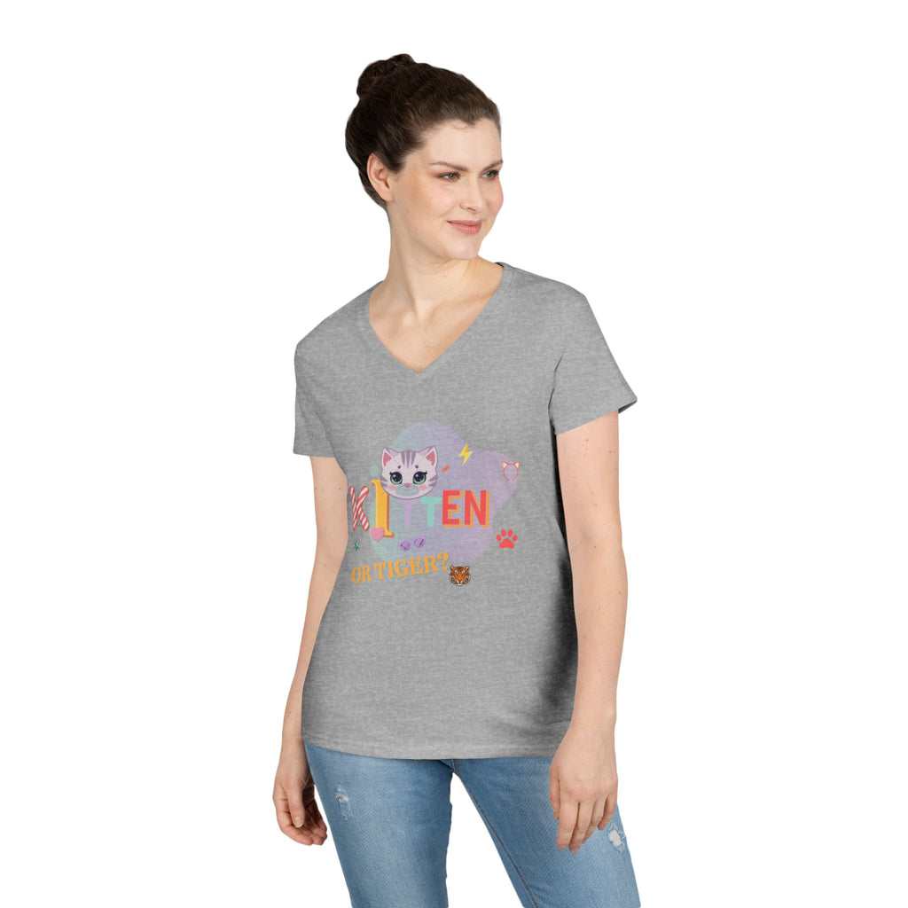 Kitten or Tiger? V-Neck T-Shirt | Cute Cat Illustration Pastel Graphic Tee