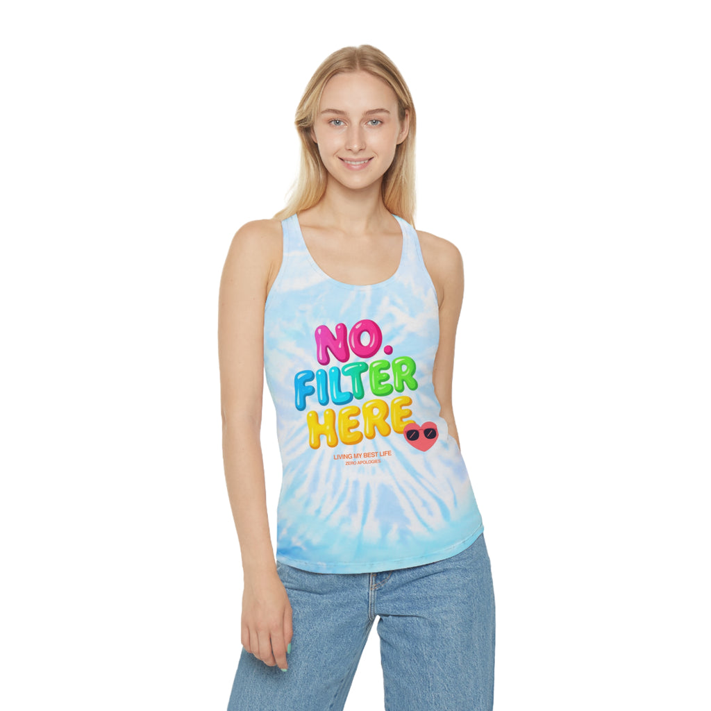 No Filter Here Tie-Dye Racerback Tank Top | Blue Spiral Playful Slogan