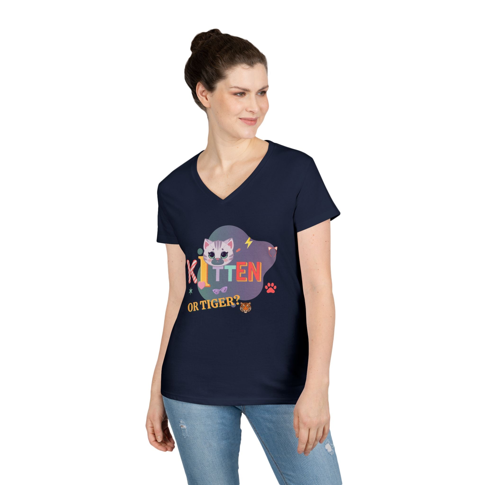 Kitten or Tiger? V-Neck T-Shirt | Cute Cat Illustration Pastel Graphic Tee