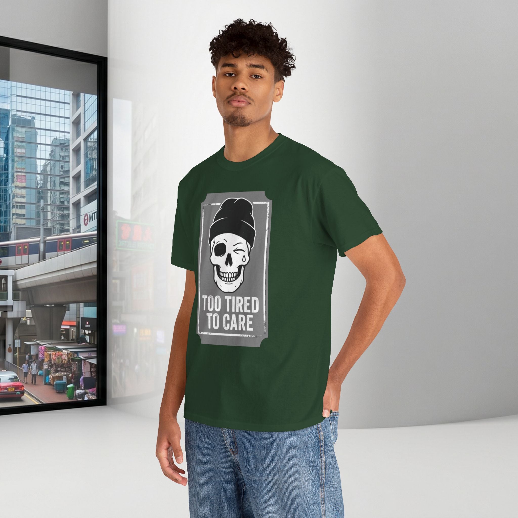 Too Tired To Care Skull T-Shirt | Funny Sarcastic Graphic Tee for the Exhausted