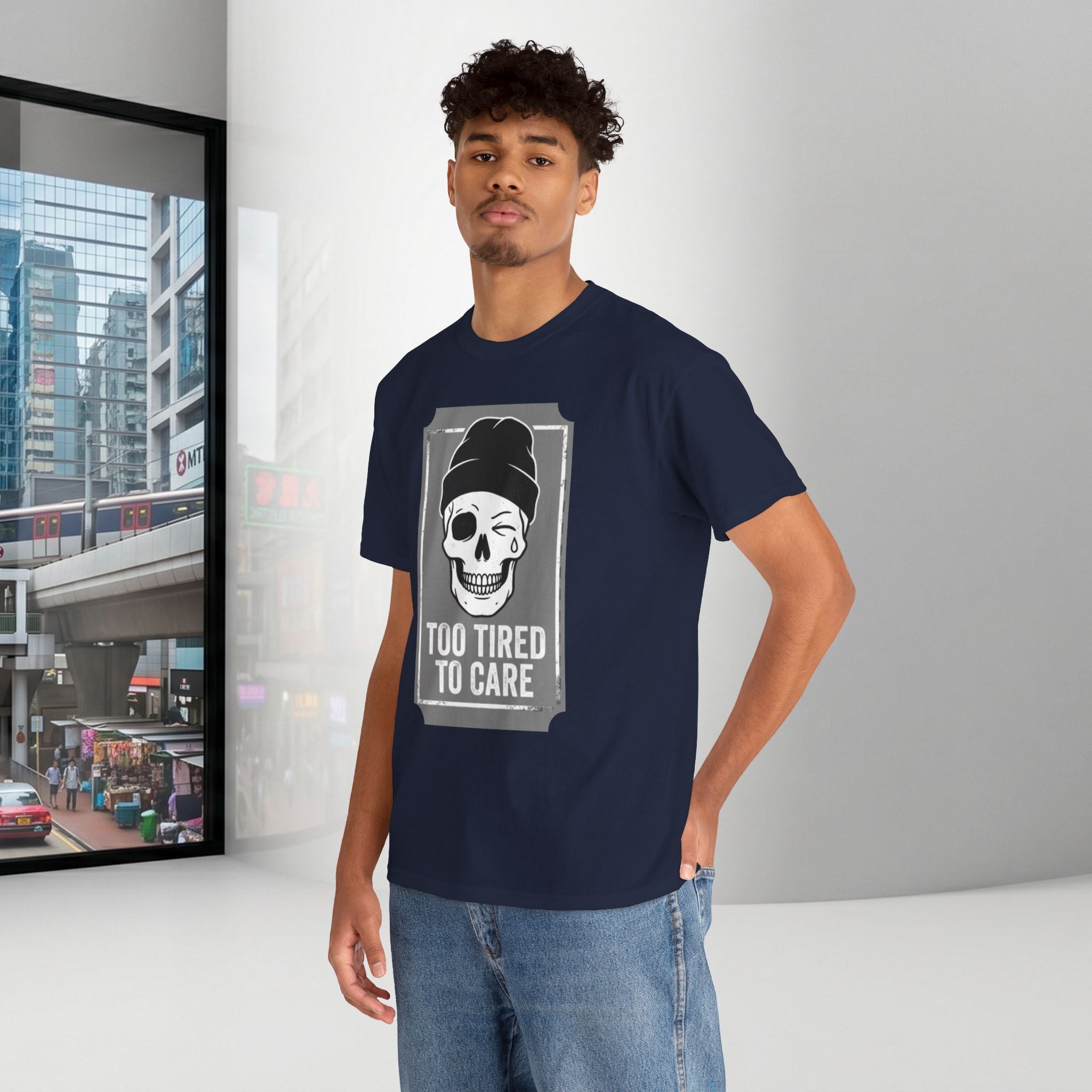 Too Tired To Care Skull T-Shirt | Funny Sarcastic Graphic Tee for the Exhausted