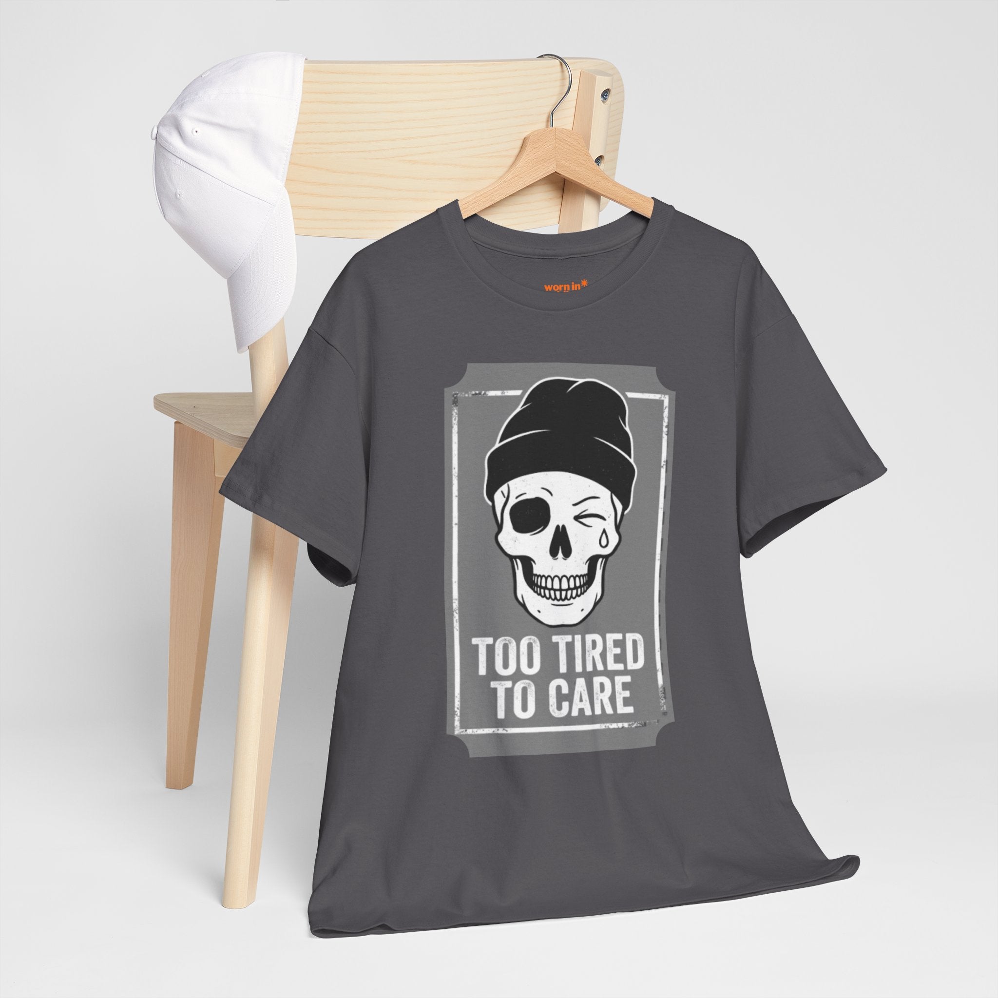 Too Tired To Care Skull T-Shirt | Funny Sarcastic Graphic Tee for the Exhausted