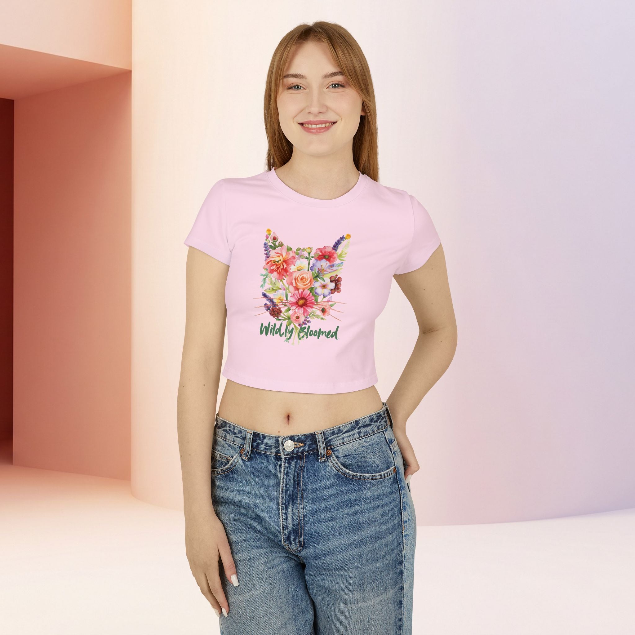 Wildly Bloomed Floral Cat Women's Baby Tee | Cute Botanical Graphic Top
