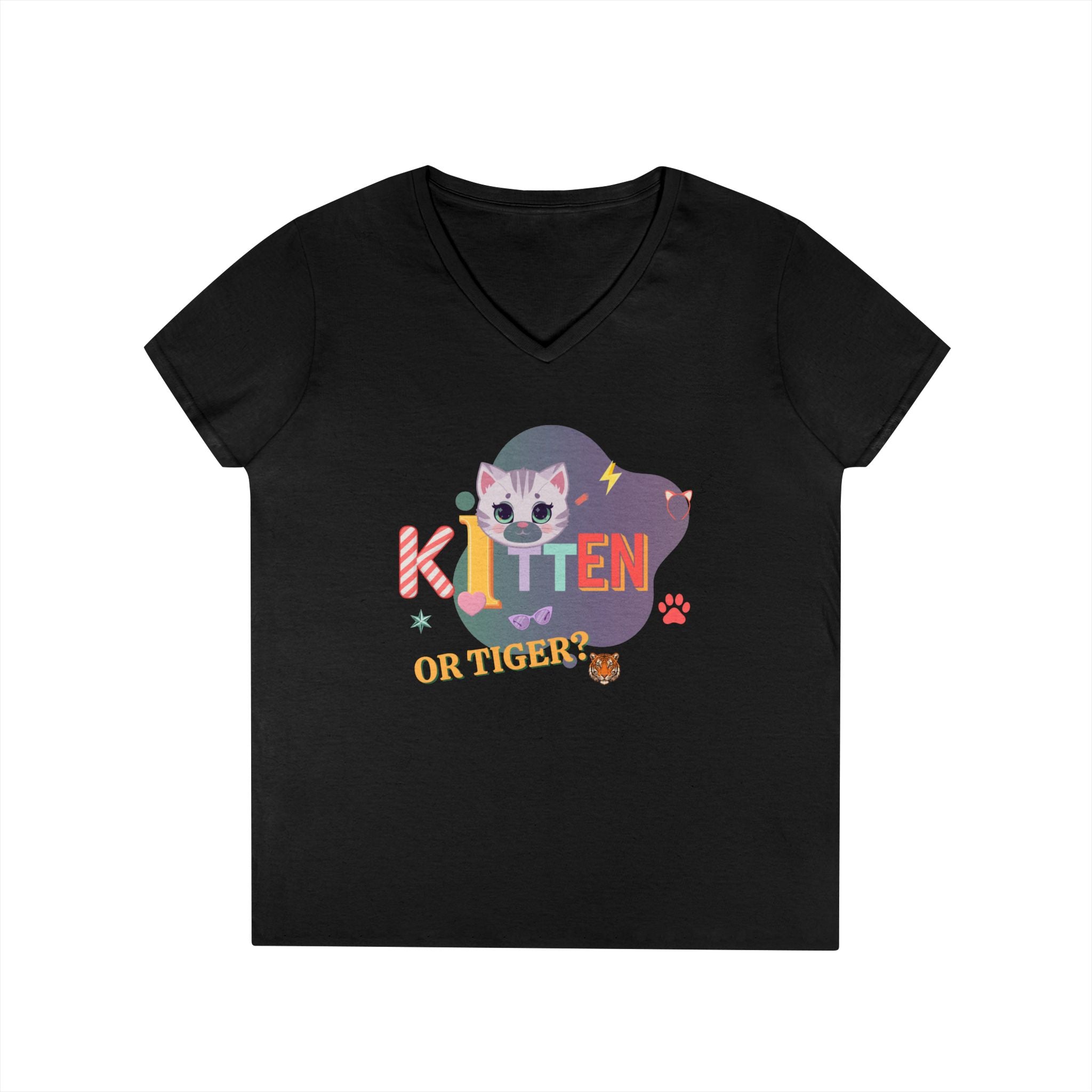 Kitten or Tiger? V-Neck T-Shirt | Cute Cat Illustration Pastel Graphic Tee