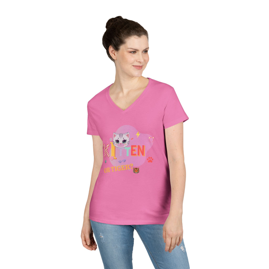 Kitten or Tiger? V-Neck T-Shirt | Cute Cat Illustration Pastel Graphic Tee