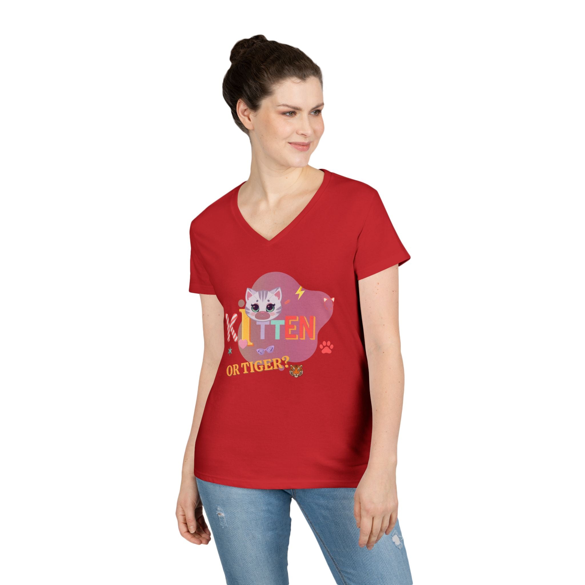 Kitten or Tiger? V-Neck T-Shirt | Cute Cat Illustration Pastel Graphic Tee