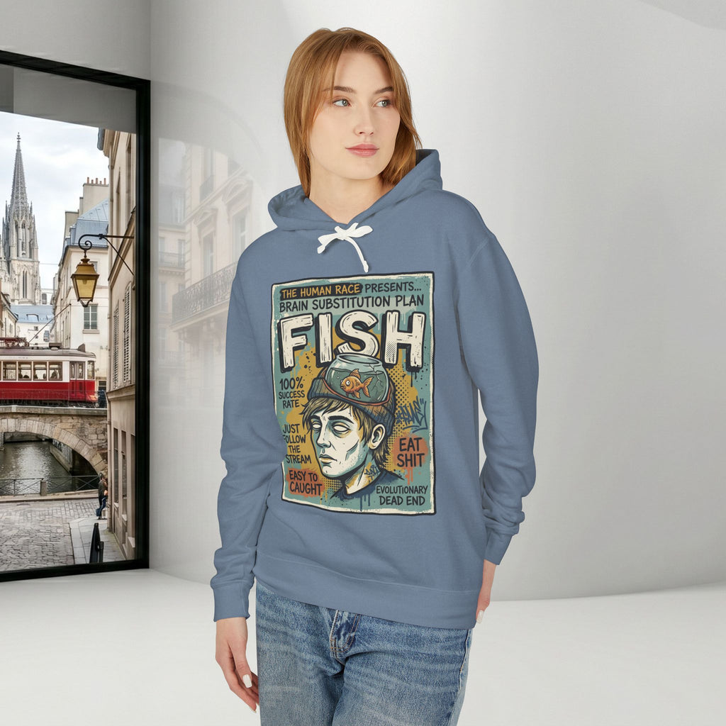 Fish Brain Substitution Plan Hoodie — Vintage Unisex Surreal Graphic Pullover
