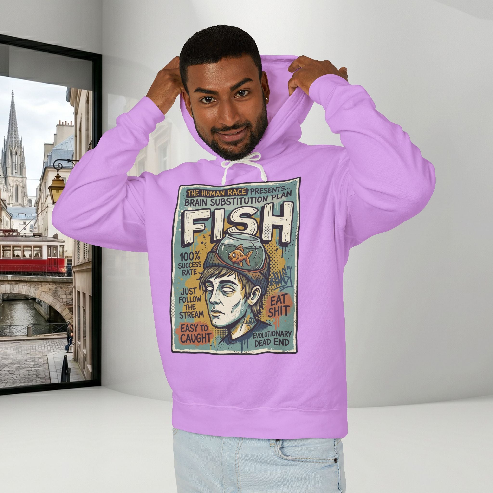 Fish Brain Substitution Plan Hoodie — Vintage Unisex Surreal Graphic Pullover