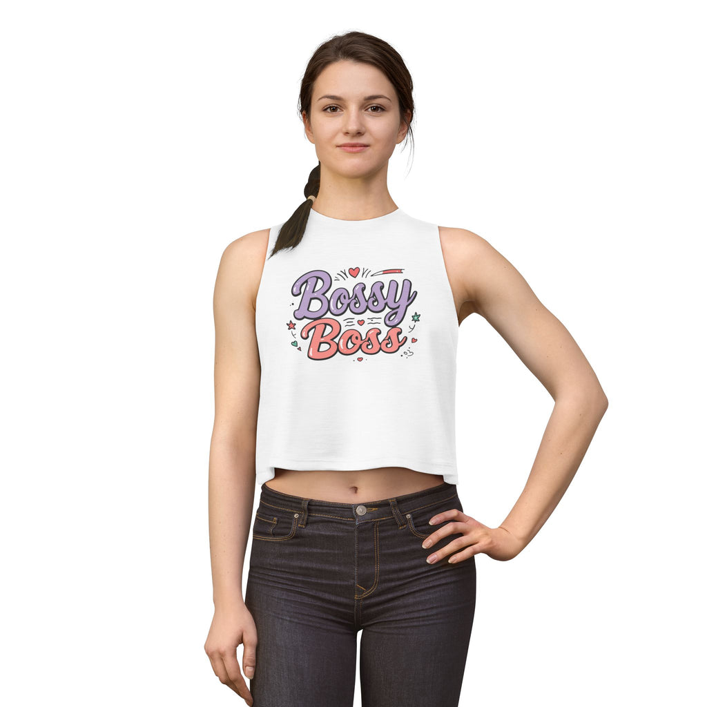 Bossy Boss Crop Top | Retro Script Graphic Top with Pastel Hearts & Stars