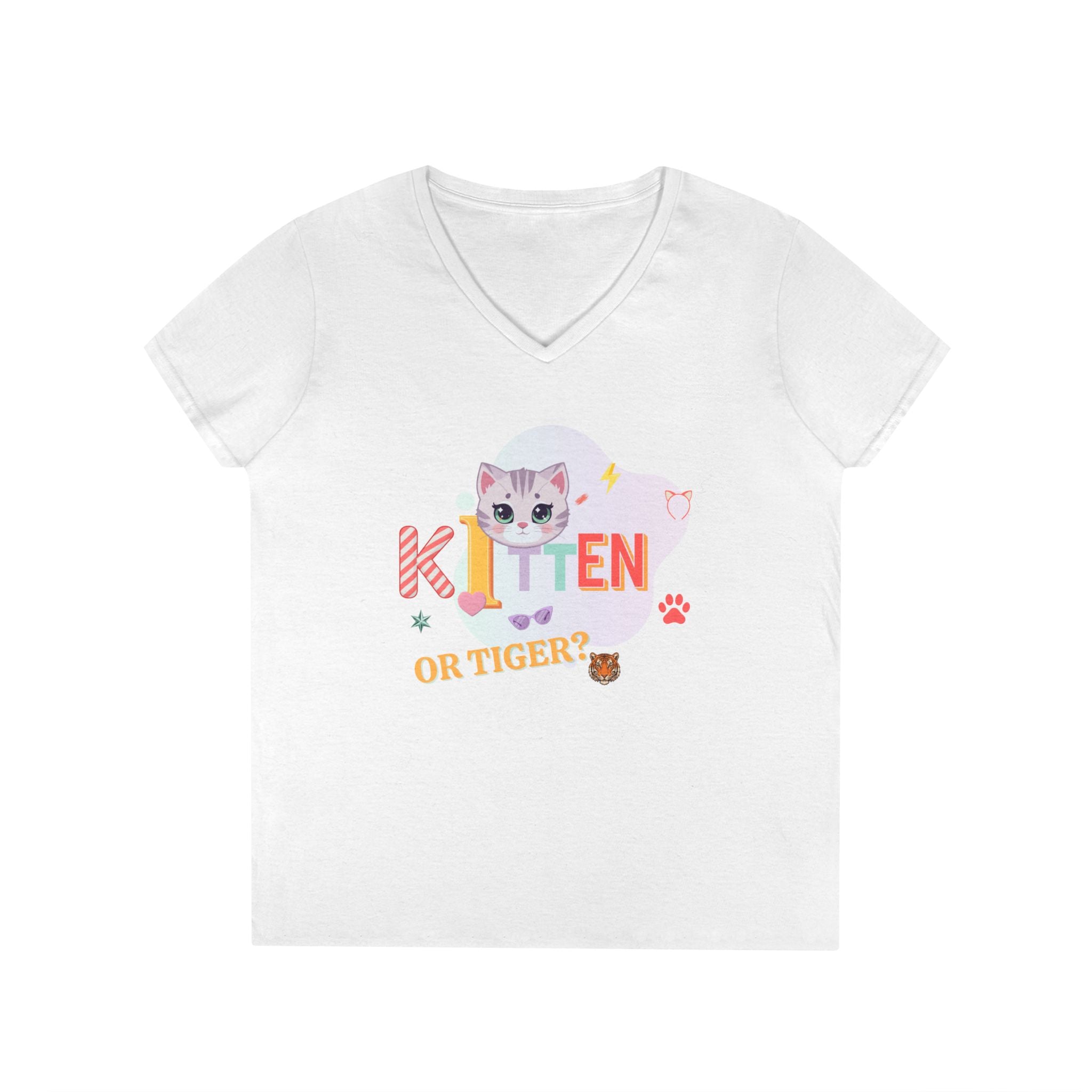 Kitten or Tiger? V-Neck T-Shirt | Cute Cat Illustration Pastel Graphic Tee