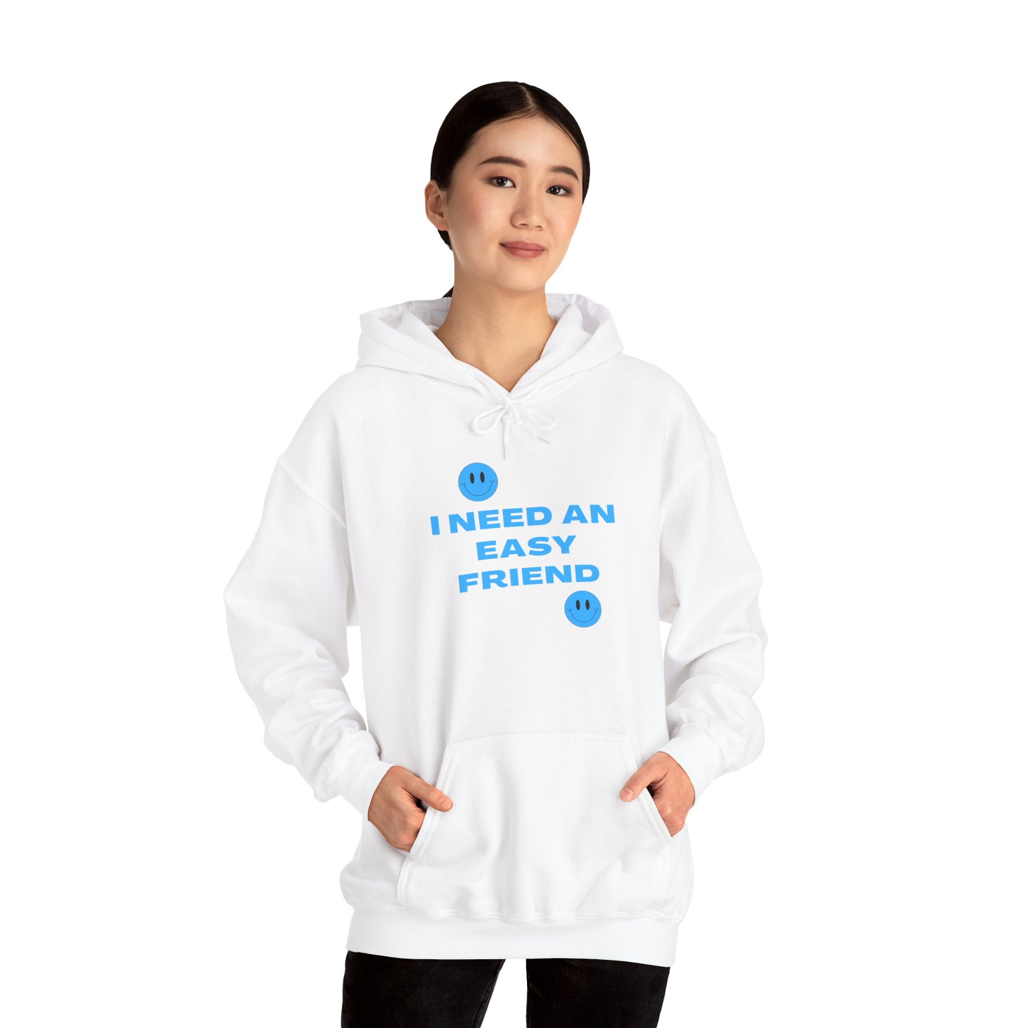 I Need an Easy Friend Ladies Hoodie | Minimalist Cute Blue Button Graphic Sweatshirt