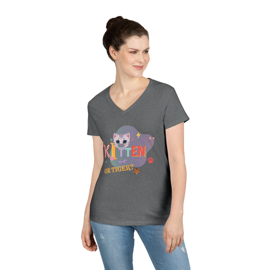 Kitten or Tiger? V-Neck T-Shirt | Cute Cat Illustration Pastel Graphic Tee
