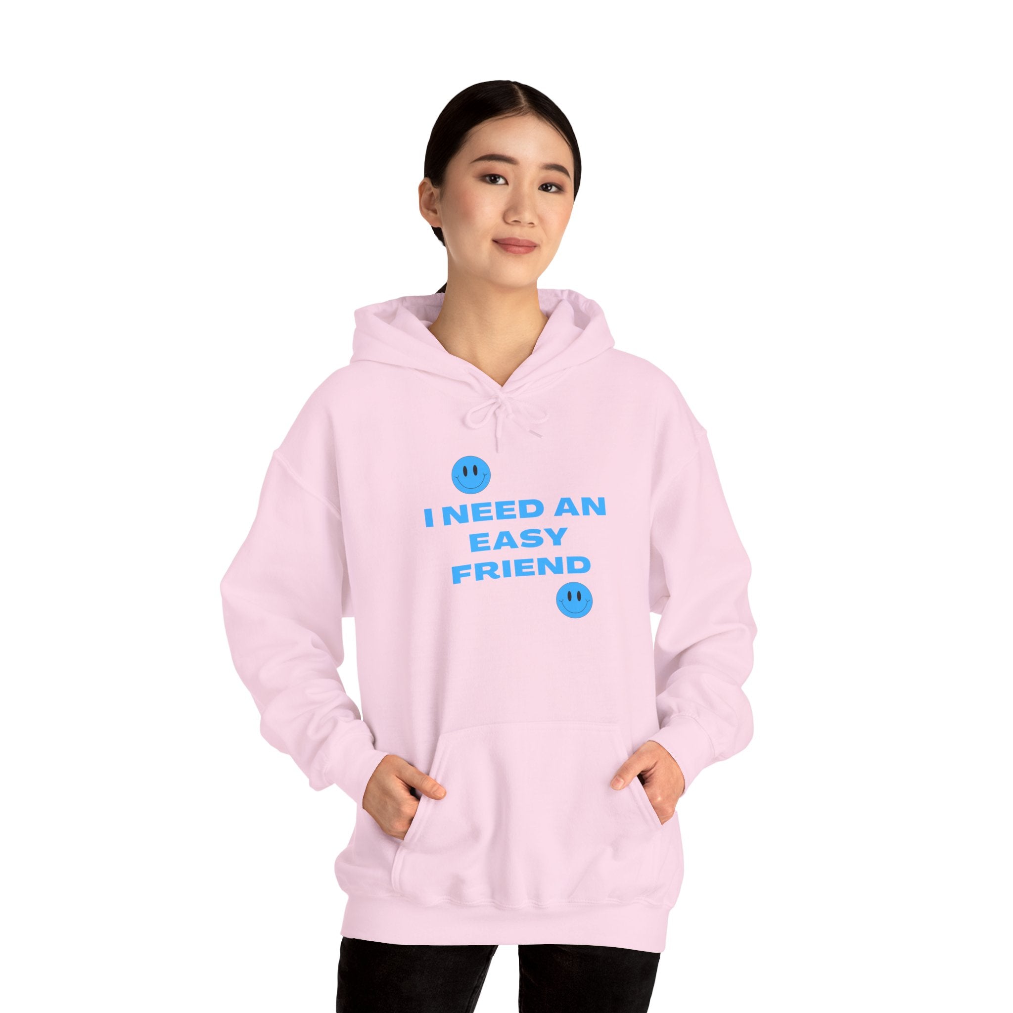 I Need an Easy Friend Ladies Hoodie | Minimalist Cute Blue Button Graphic Sweatshirt