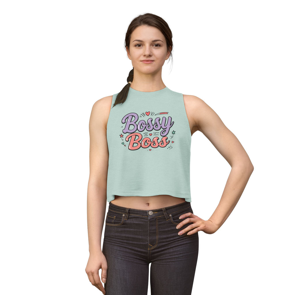 Bossy Boss Crop Top | Retro Script Graphic Top with Pastel Hearts & Stars