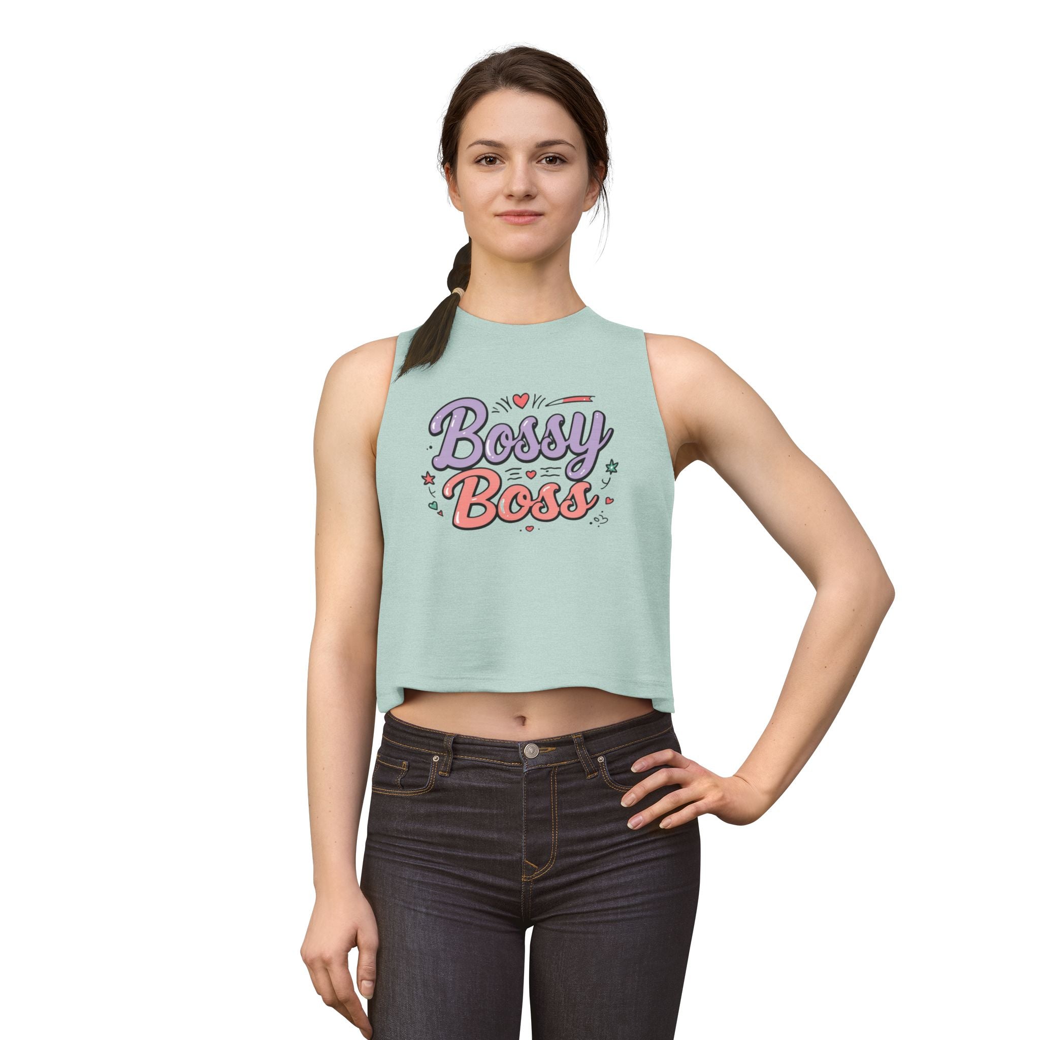 Bossy Boss Crop Top | Retro Script Graphic Top with Pastel Hearts & Stars