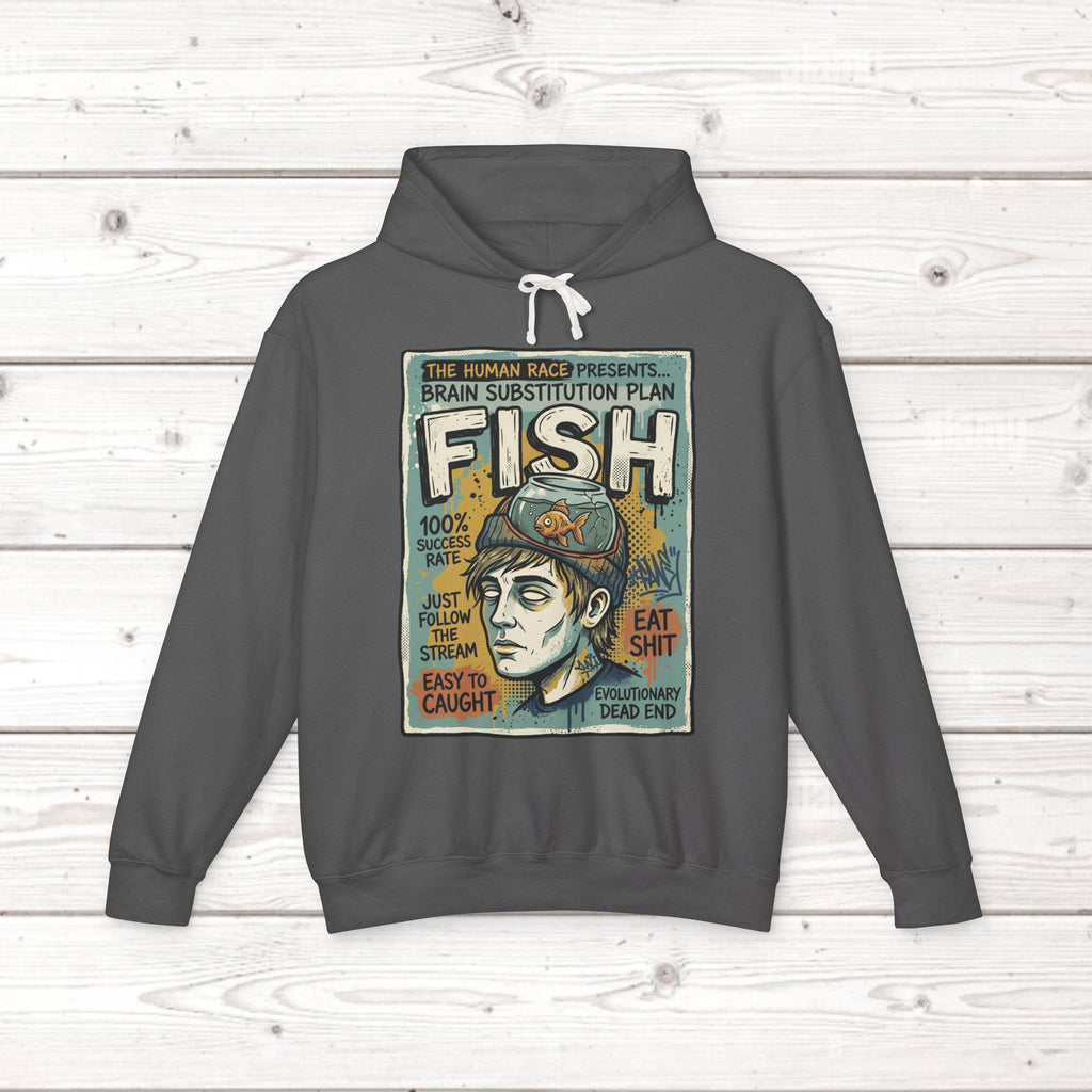 Fish Brain Substitution Plan Hoodie — Vintage Unisex Surreal Graphic Pullover
