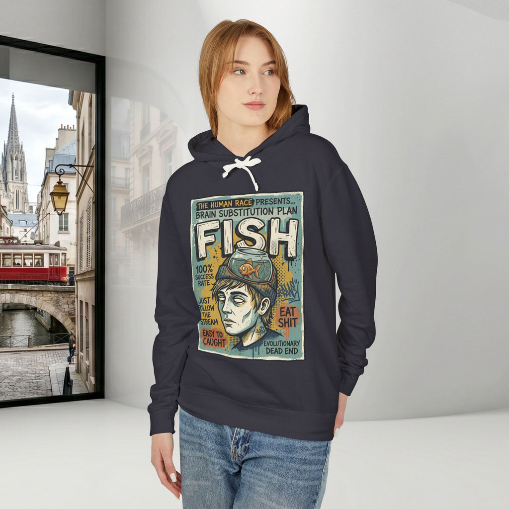 Fish Brain Substitution Plan Hoodie — Vintage Unisex Surreal Graphic Pullover