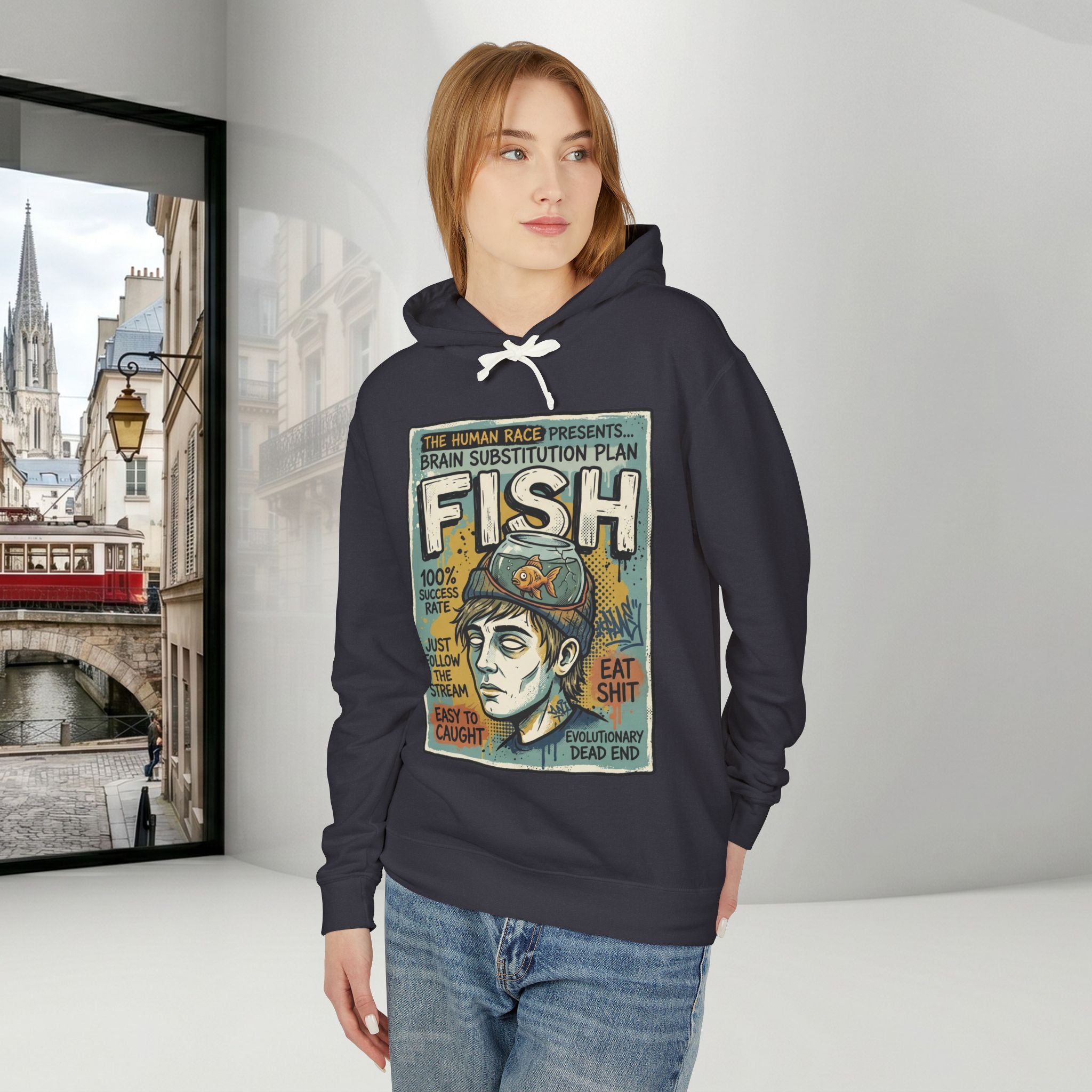 Fish Brain Substitution Plan Hoodie — Vintage Unisex Surreal Graphic Pullover