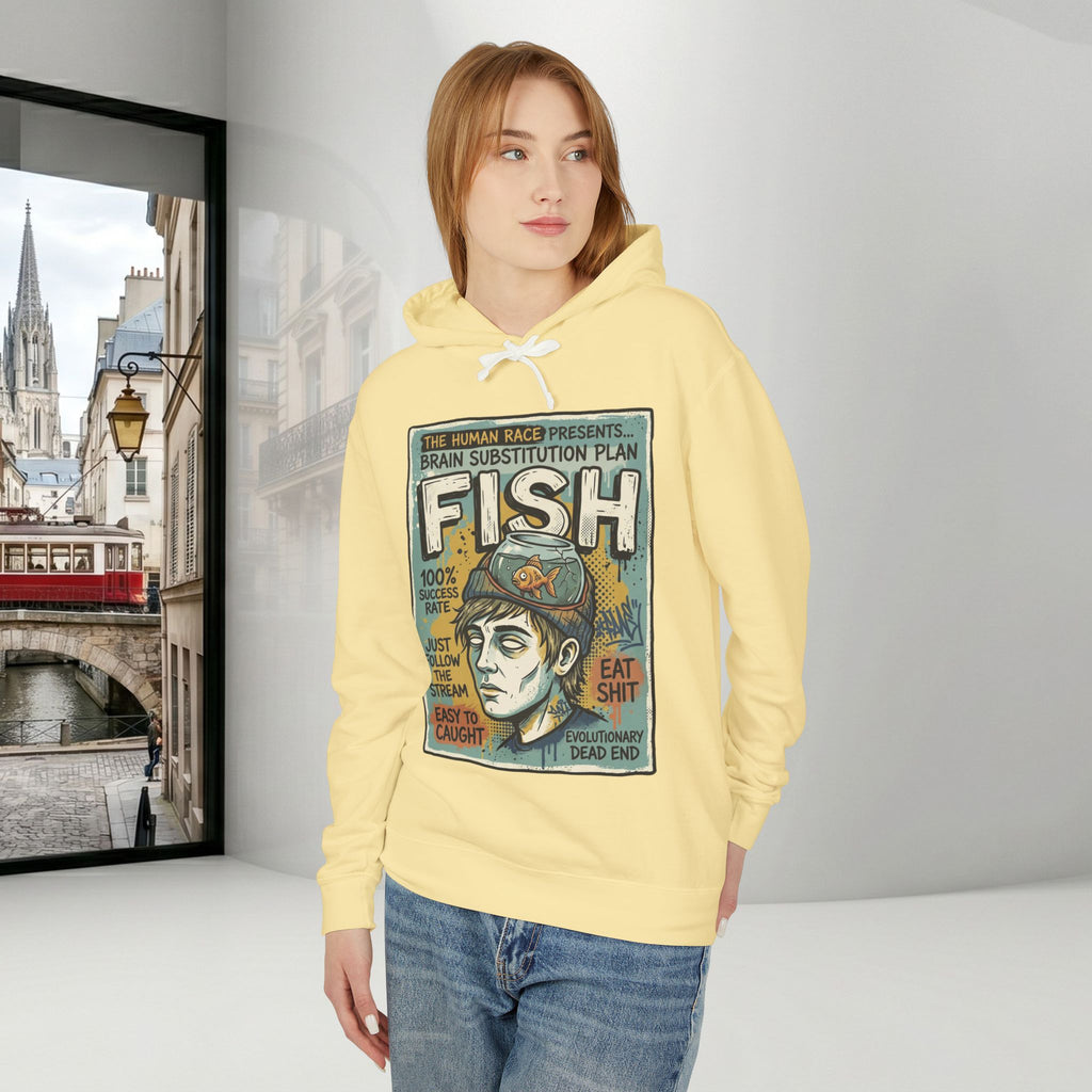 Fish Brain Substitution Plan Hoodie — Vintage Unisex Surreal Graphic Pullover