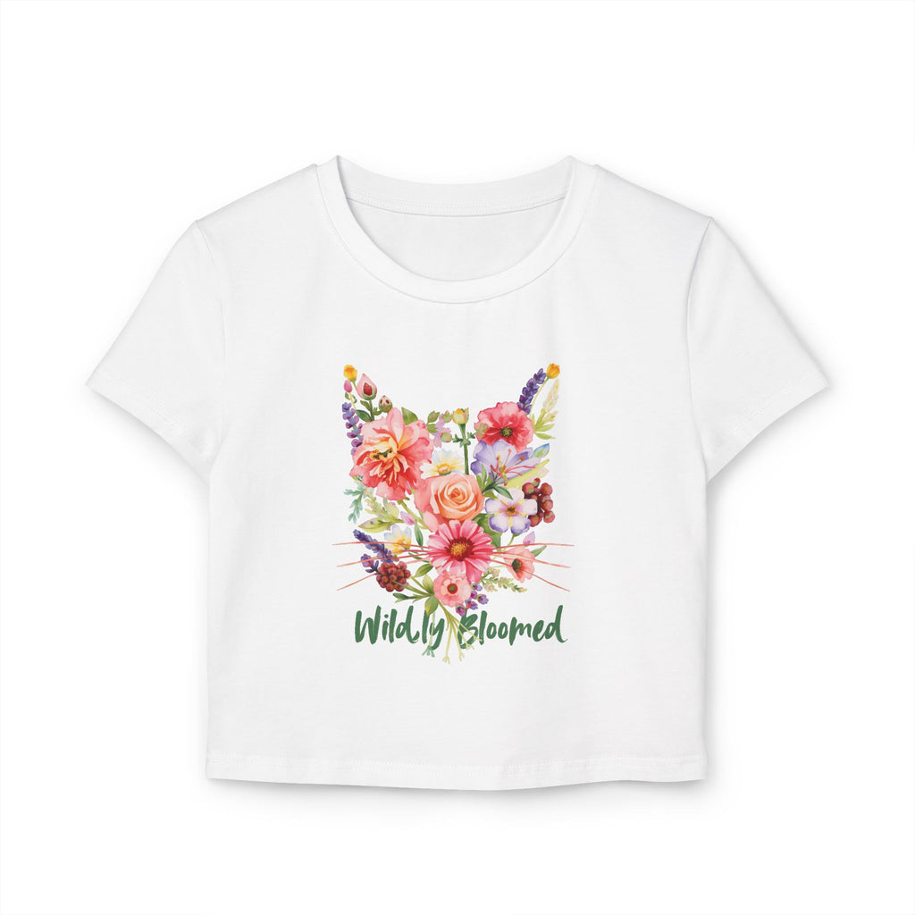 Wildly Bloomed Floral Cat Women's Baby Tee | Cute Botanical Graphic Top