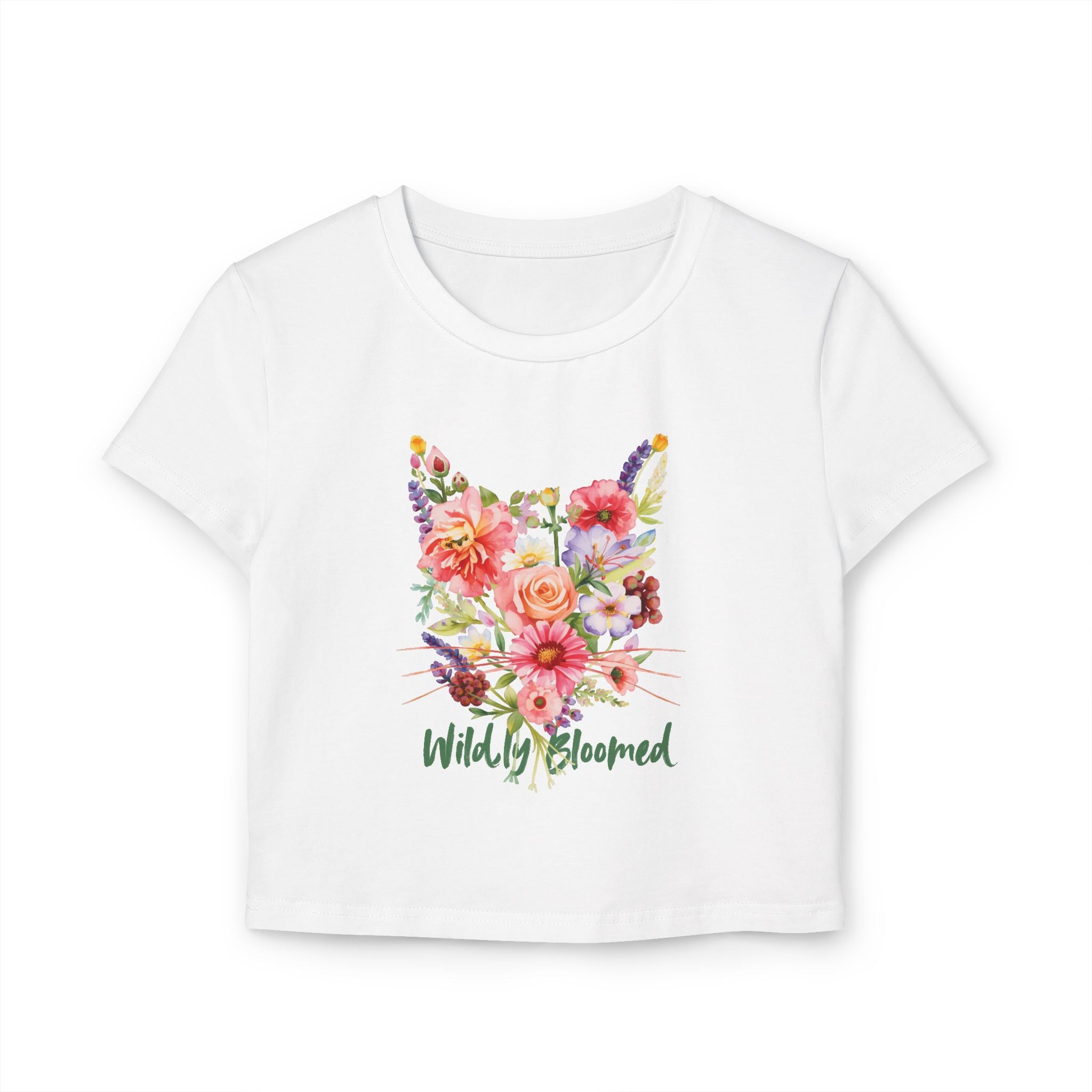 Wildly Bloomed Floral Cat Women's Baby Tee | Cute Botanical Graphic Top